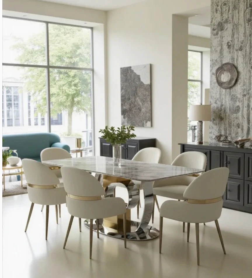 Madrid 180cm Gold Dining Table with Gold Leather Dining Chairs | Luxury Dining Set