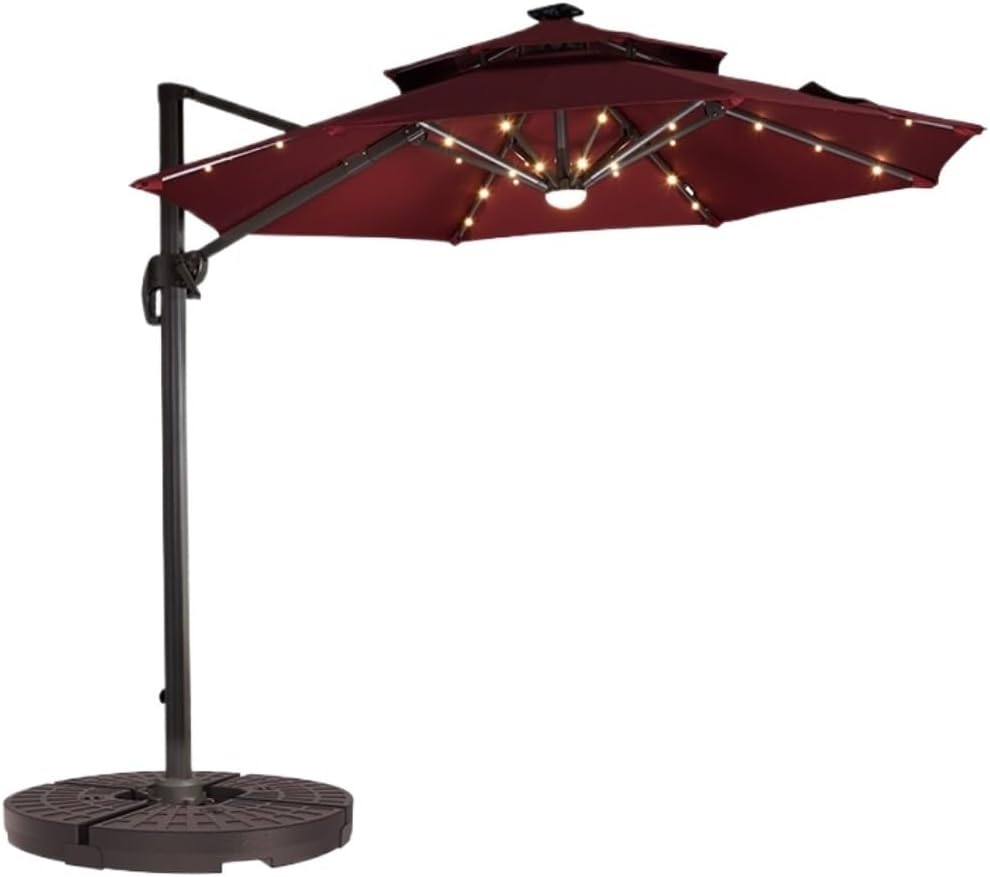 Sonnenschirm, Terrassenschirm, Außenschirm, 2,4 m, freitragender Regenschirm mit Sockel und Solar-LED-Leuchten, neigbarer Regenschirm für den Garten im Freien, Strandschirmschirm