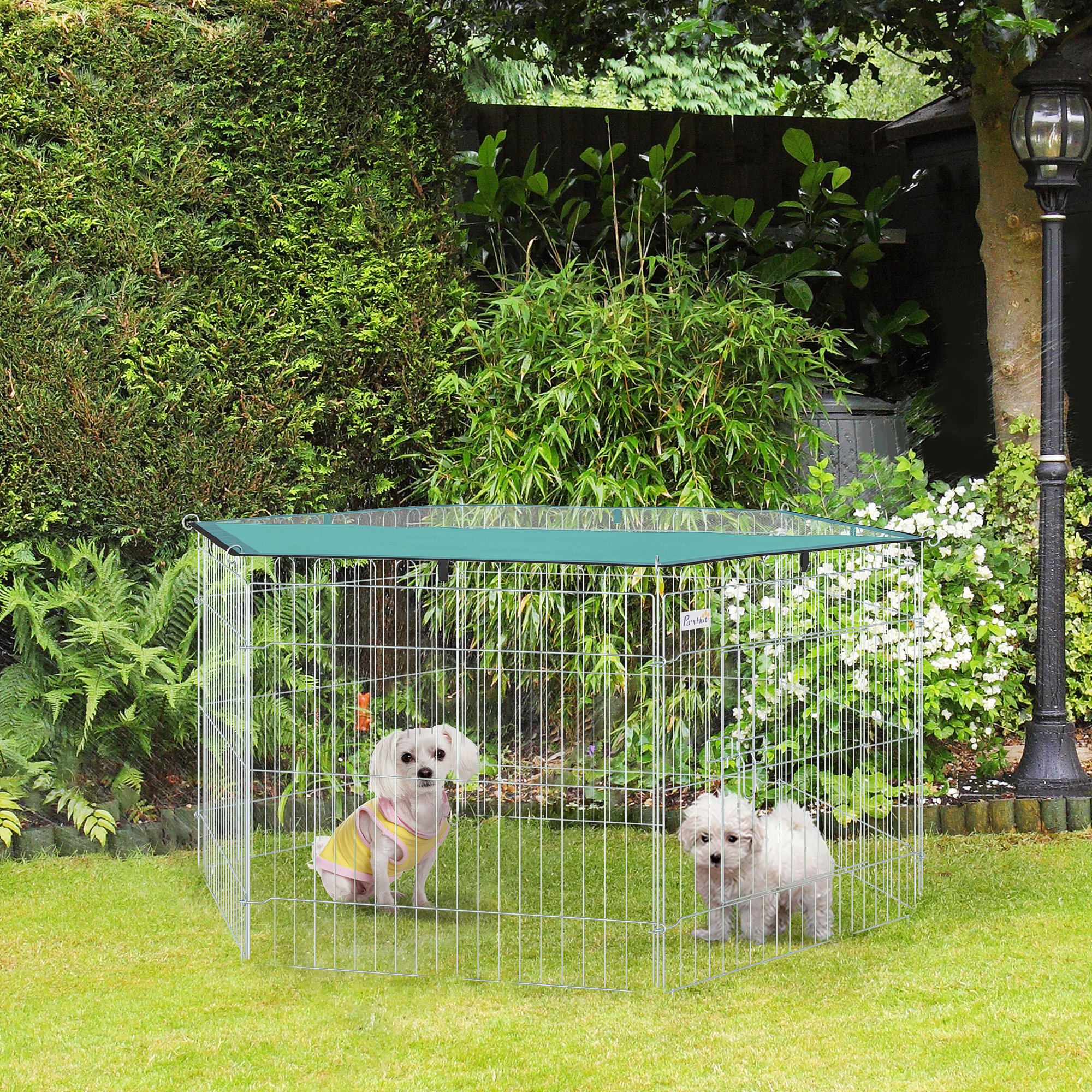 PawHut Modulares Auslaufgehege aus Stahl mit 6 Paneelen und 1 Tür für Hunde, Kaninchen, Nager, kleine Tiere für den Innen- und Außenbereich Ø 120 x 60 cm Grau Metall Grün