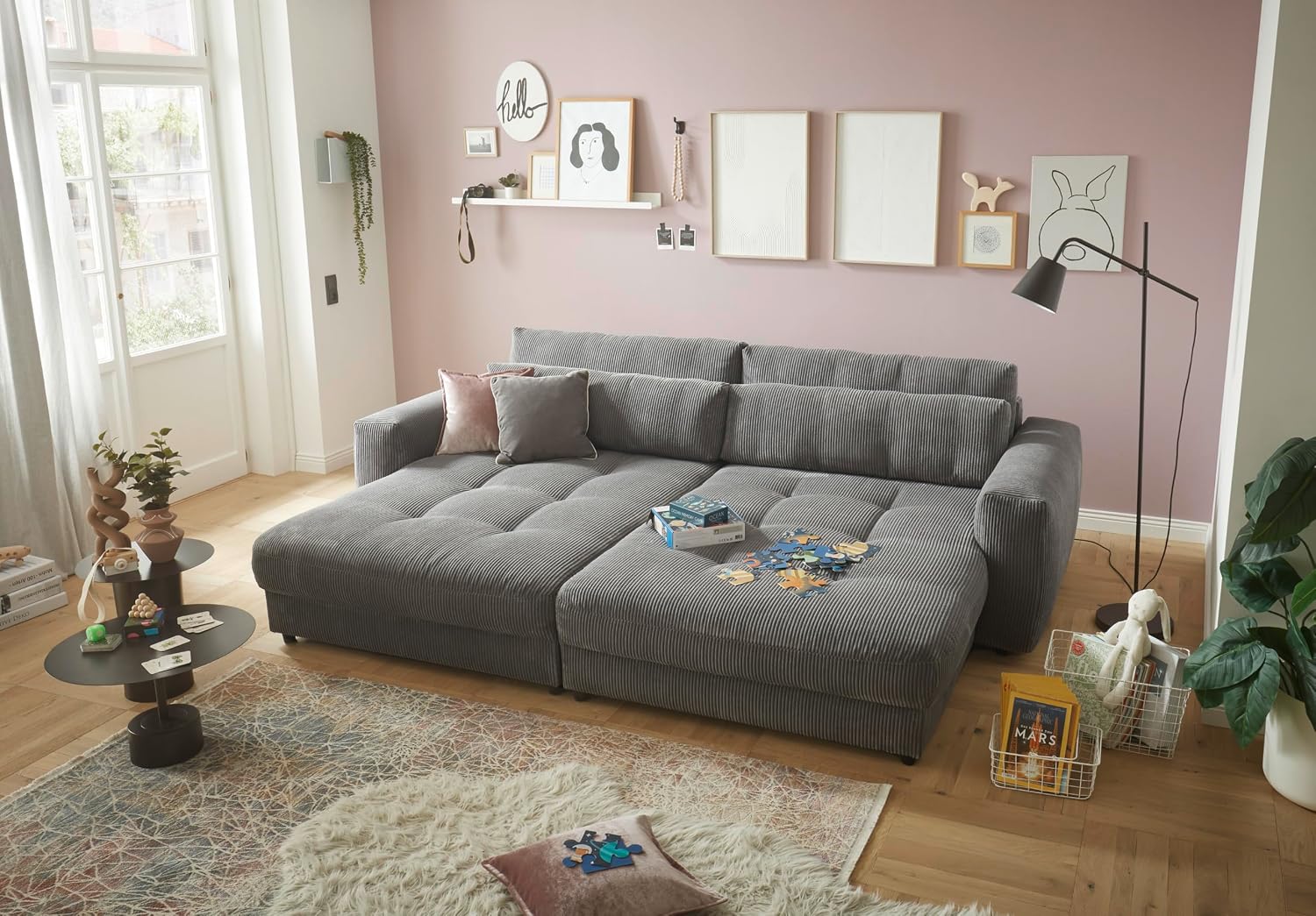 Big Sofa BARURA Cord dunkelgrau, modernes Sofa 292x194 cm inklusive Nierenkissen, XXL Couch mit großer Liegefläche