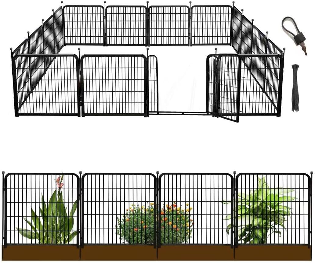 Tall Garden Fence with Gate 48 in(H)×27 in(L) 12 Panels Total 26.6 Ft(L)  Garden Fencing to Keep Dogs Out  Heavy Duty Iron Metal Animal Barrier Fence  Flower Bed Fencing