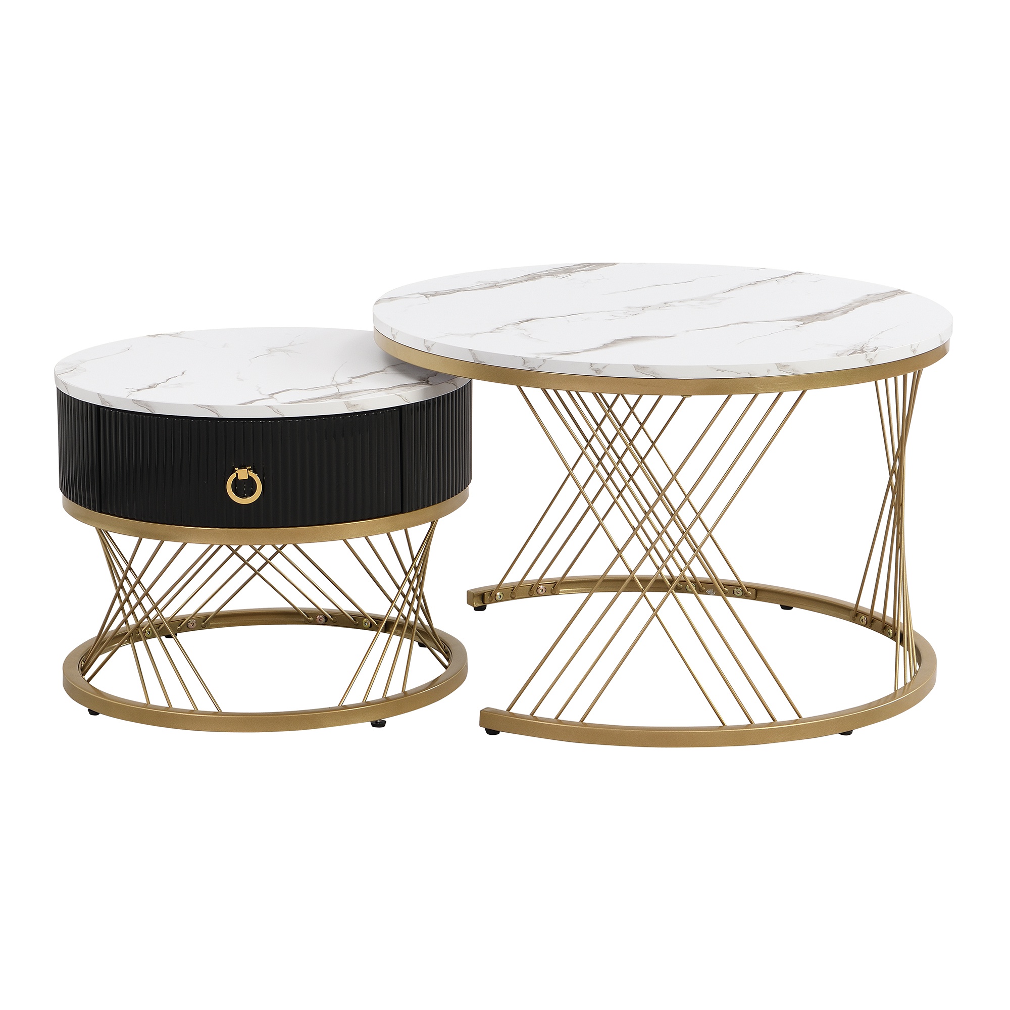 Eleganter Couchtisch im 2er-Set: Marmoroptik, Golddekor, Beistelltisch mit Schubladen, weiß