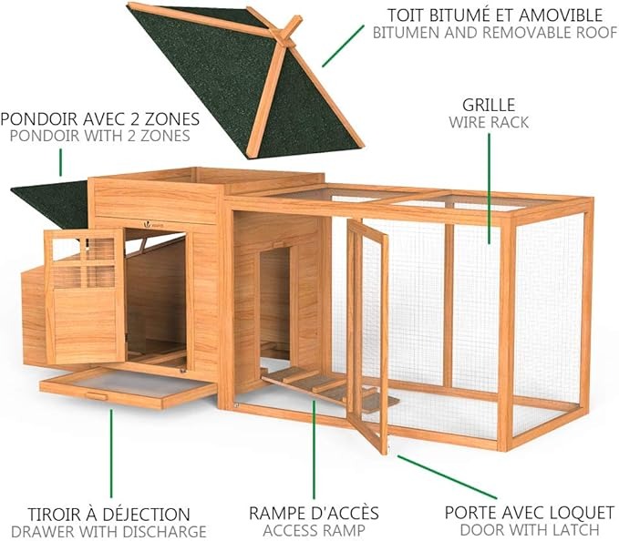 VOUNOT® Pollaio in Legno, Pollaio per Galline ovaiole da Esterno, 190 x 100 x 55cm