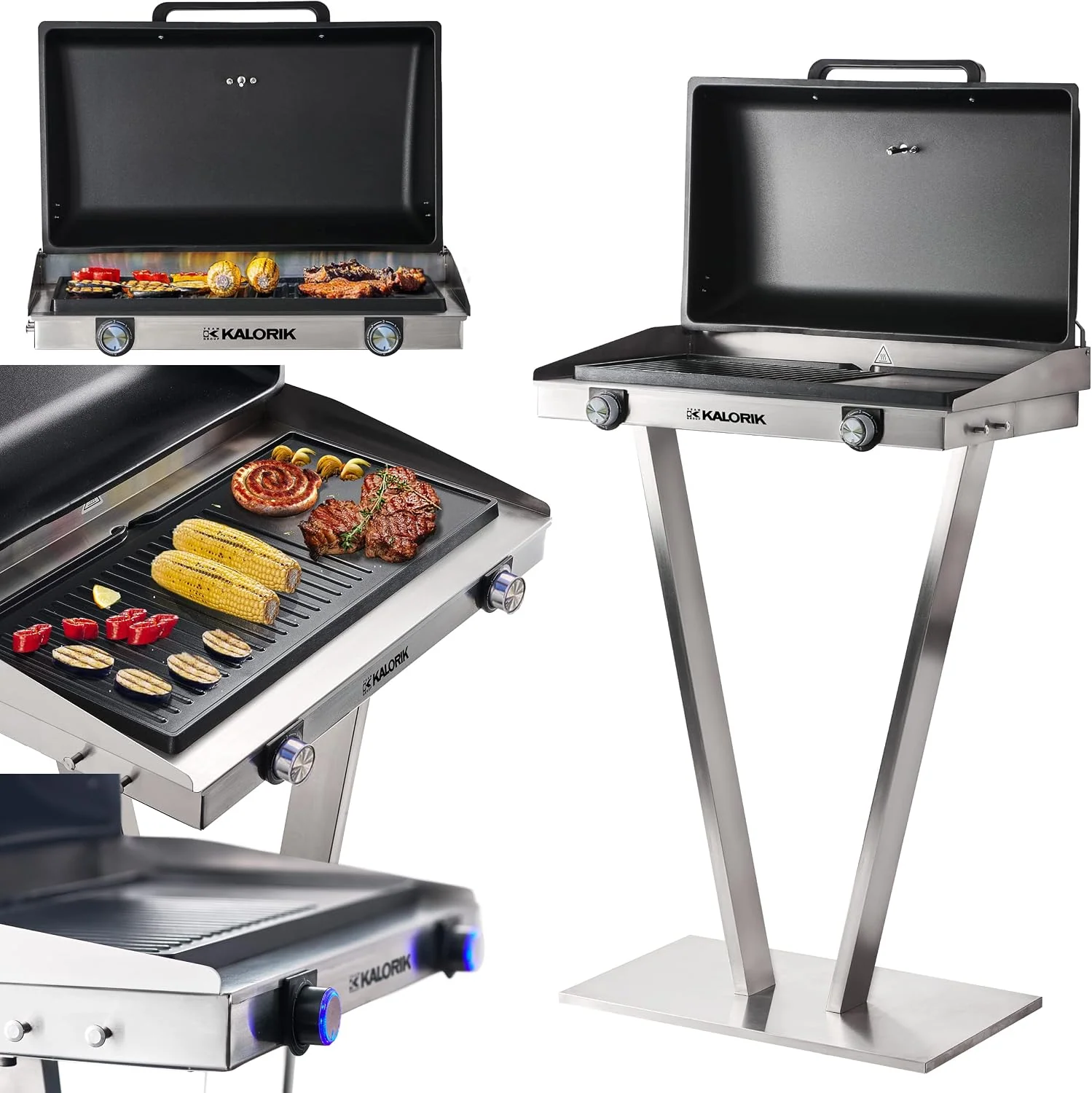 Kalorik Elektrogrill, 1002 L, 2500 W, Silber/Schwarz, TKG EBBQ XXL mit Standfuß und Deckel, Standgrill Elektro aus Edelstahl