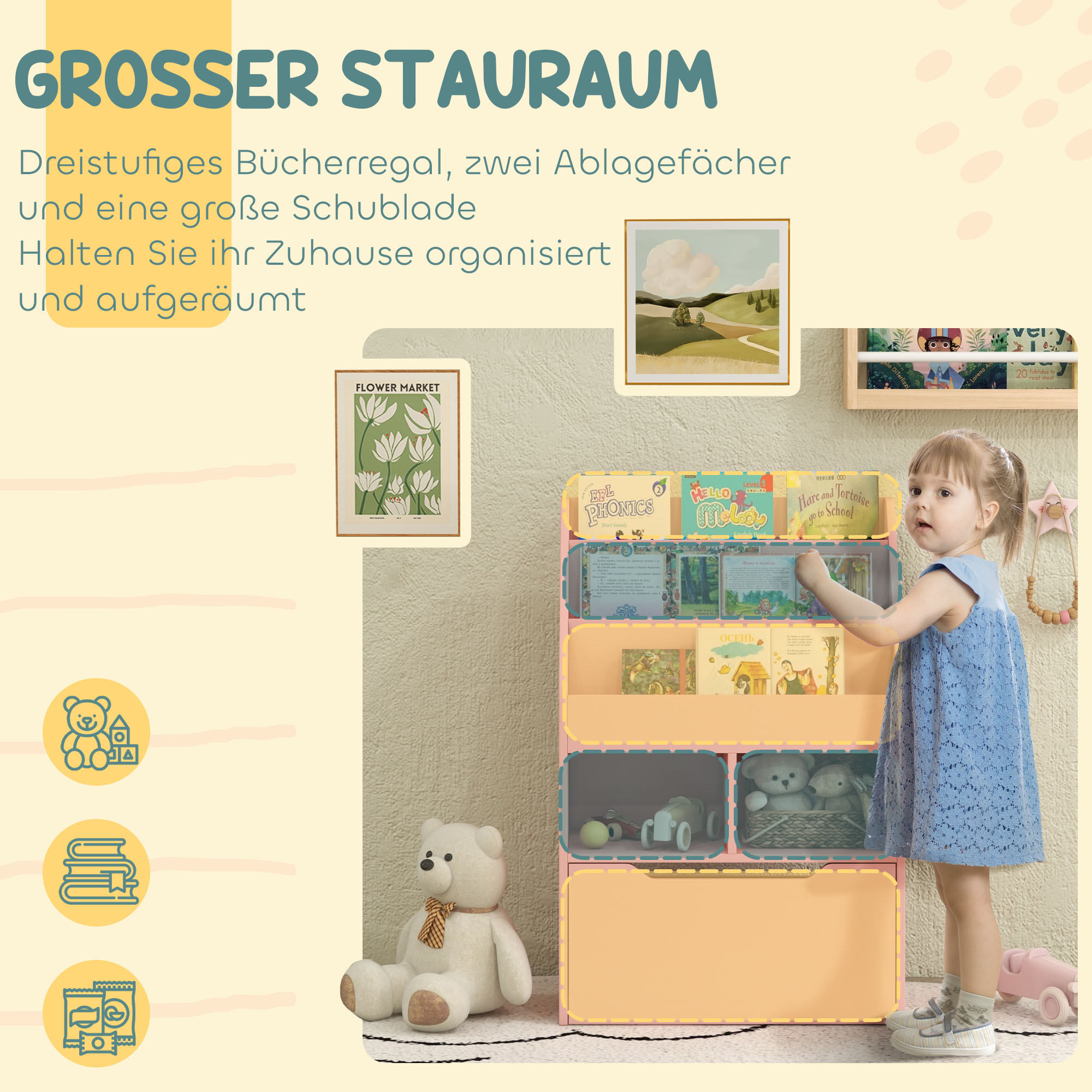 Kinderrek met Lade en Boekenrek met Vakken, 60 x 29,9 x 90 cm, Roze