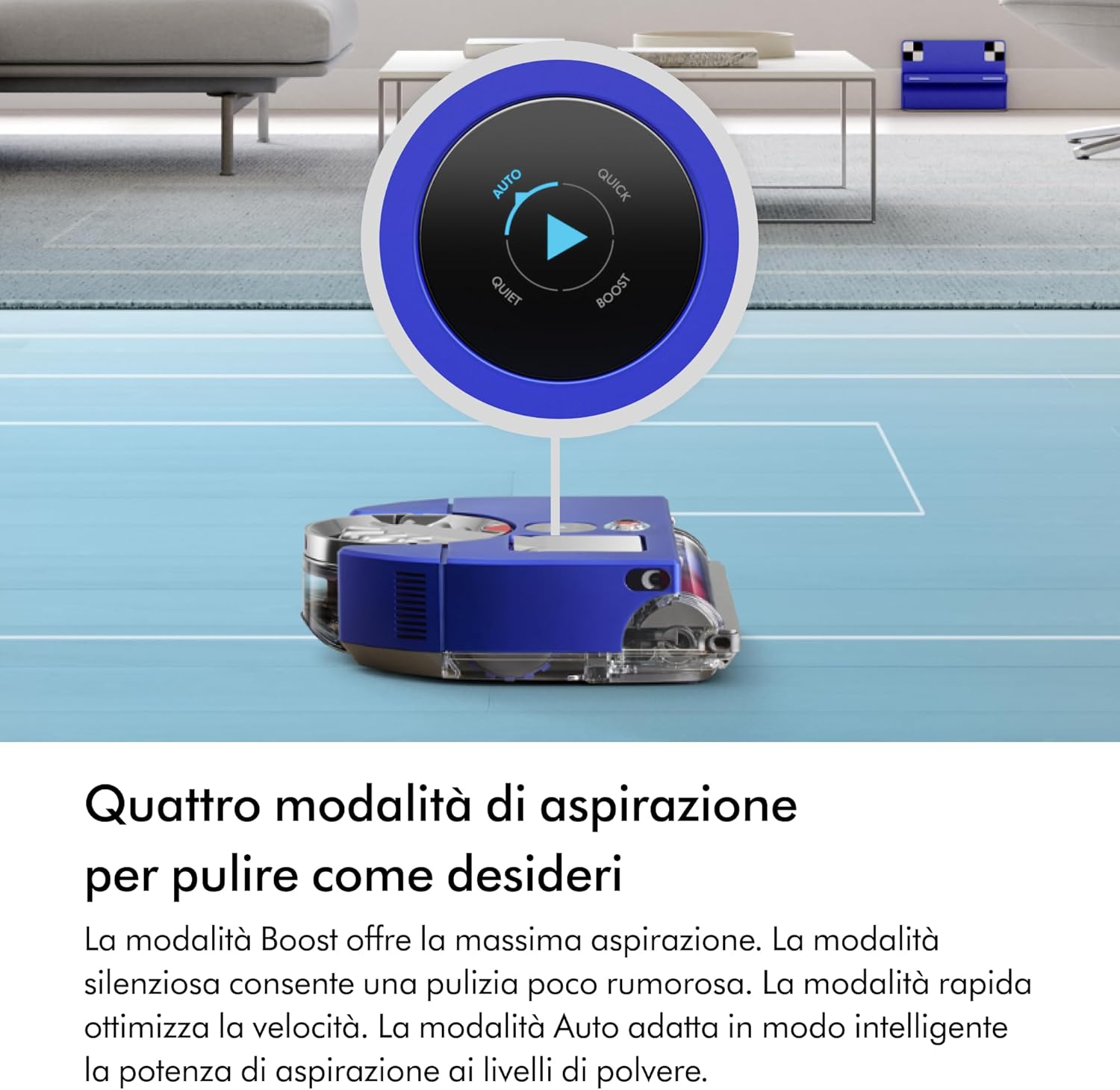 360 Vis Nav™ robot aspirapolvere, spazzola a larghezza completa, progettato per tutti i tipi di pavimento (Blu/Nichel)