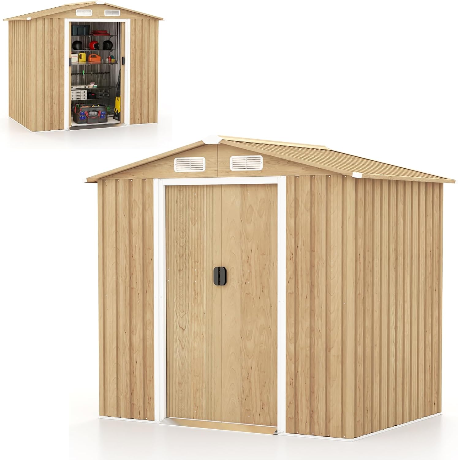 COSTWAY Casetta da Esterno 2,34㎡, Capanno Porta Attrezzi con Porte Scorrevoli, Maniglie, Sfoghi e Tettoia, Casetta da Giardino in Lamiera di Acciaio e Lamiera Zincata (196 x 142 x 186 cm)