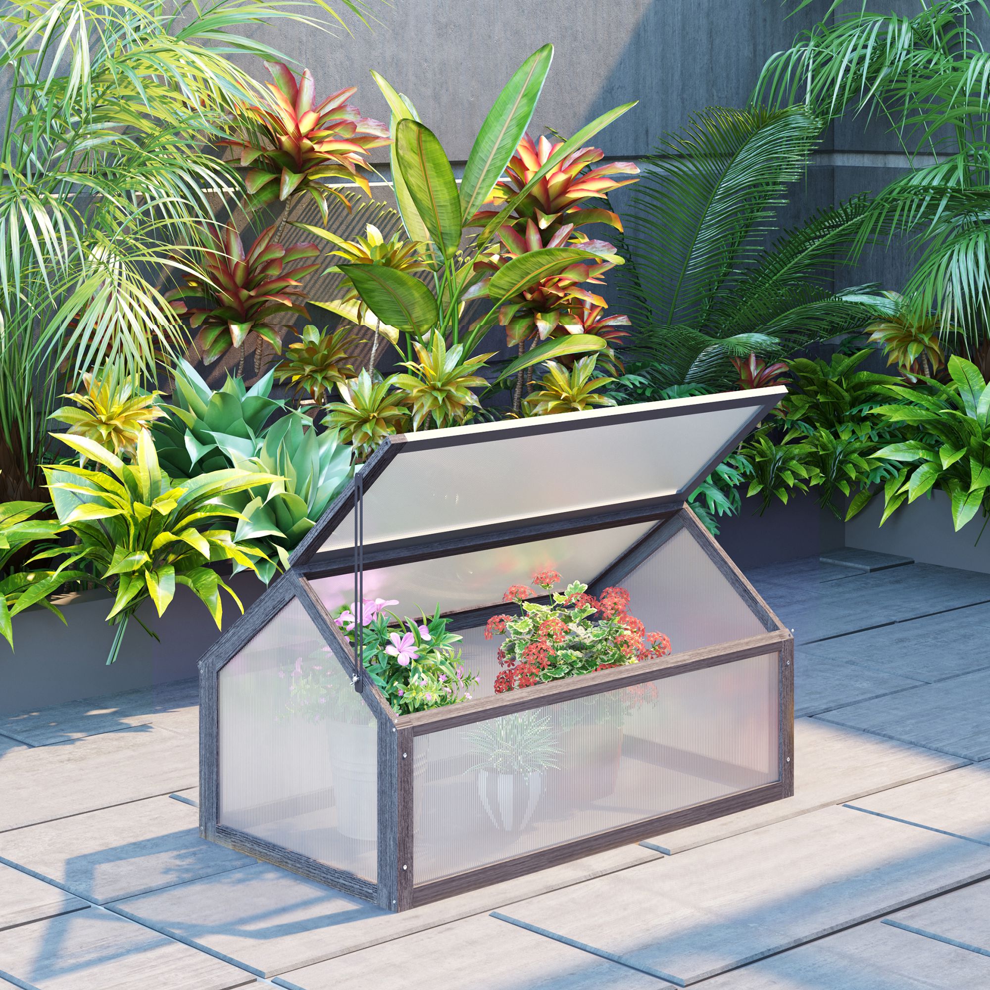 Outsunny Mini-Gewächshaus, Kompaktes Pflanzenhaus aus Holz, Polycarbonat-Platten, Belüftungsöffnung, 90L x 52B x 49,5H cm, Grau