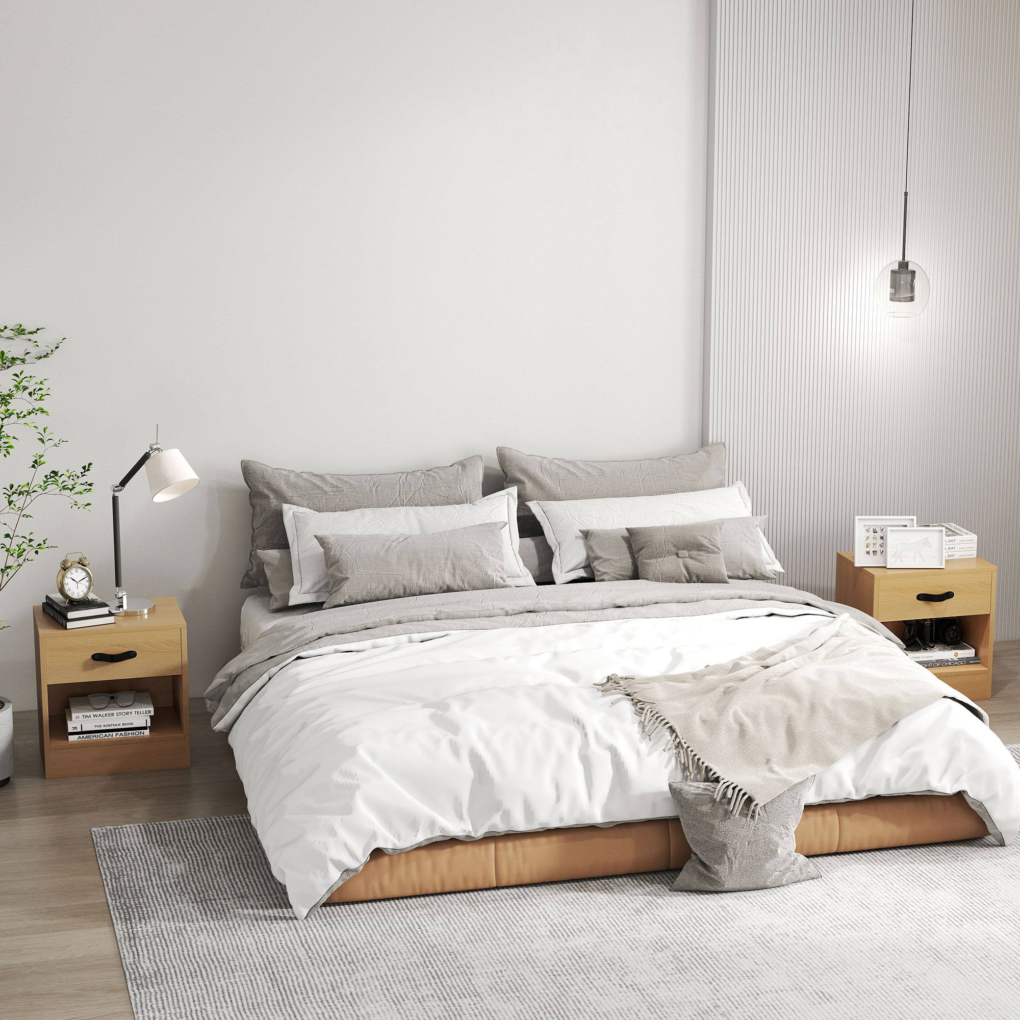 HOMCOM Pack von 2 Nachttischen mit Schublade und Offenem Fach für Wohnzimmer 39x28x41 cm Natur