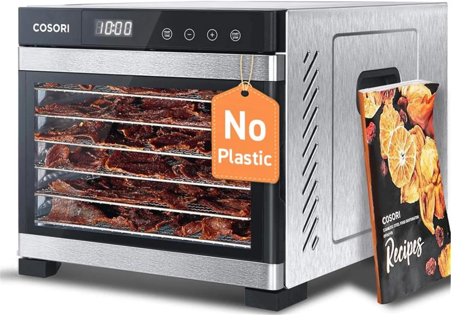 Food Dehydrator (50 Recipes): Suitable for making dried meat, vegetables, fruits, meat, dog treats, herbs and yogurt. Equipped with a temperature control function, this dehydrator has 6 stainless steel trays, a rear fan, and a silver finish.