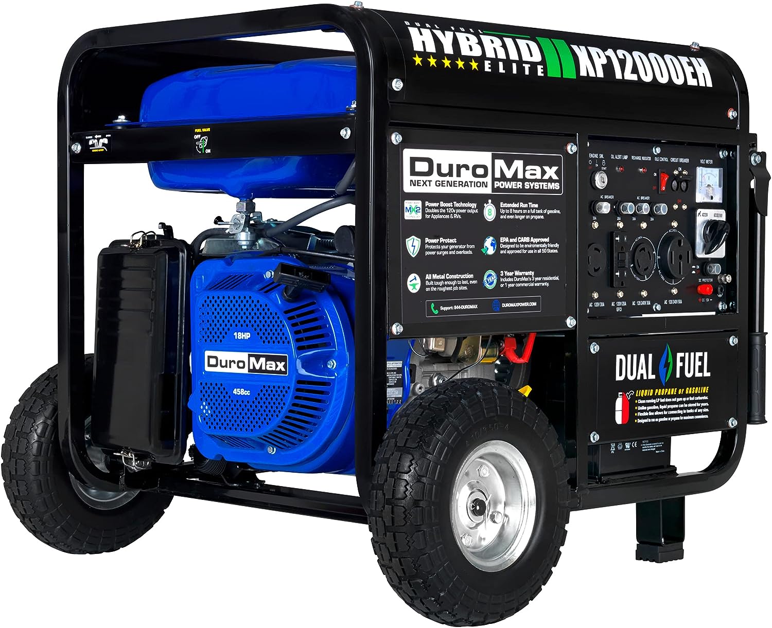 DuroMax XP12000EH Dual Fuel Generator &ndash; 12,000W Gas/Propane, 457cc 4 Stroke Engine, EPA/CARB Compliant