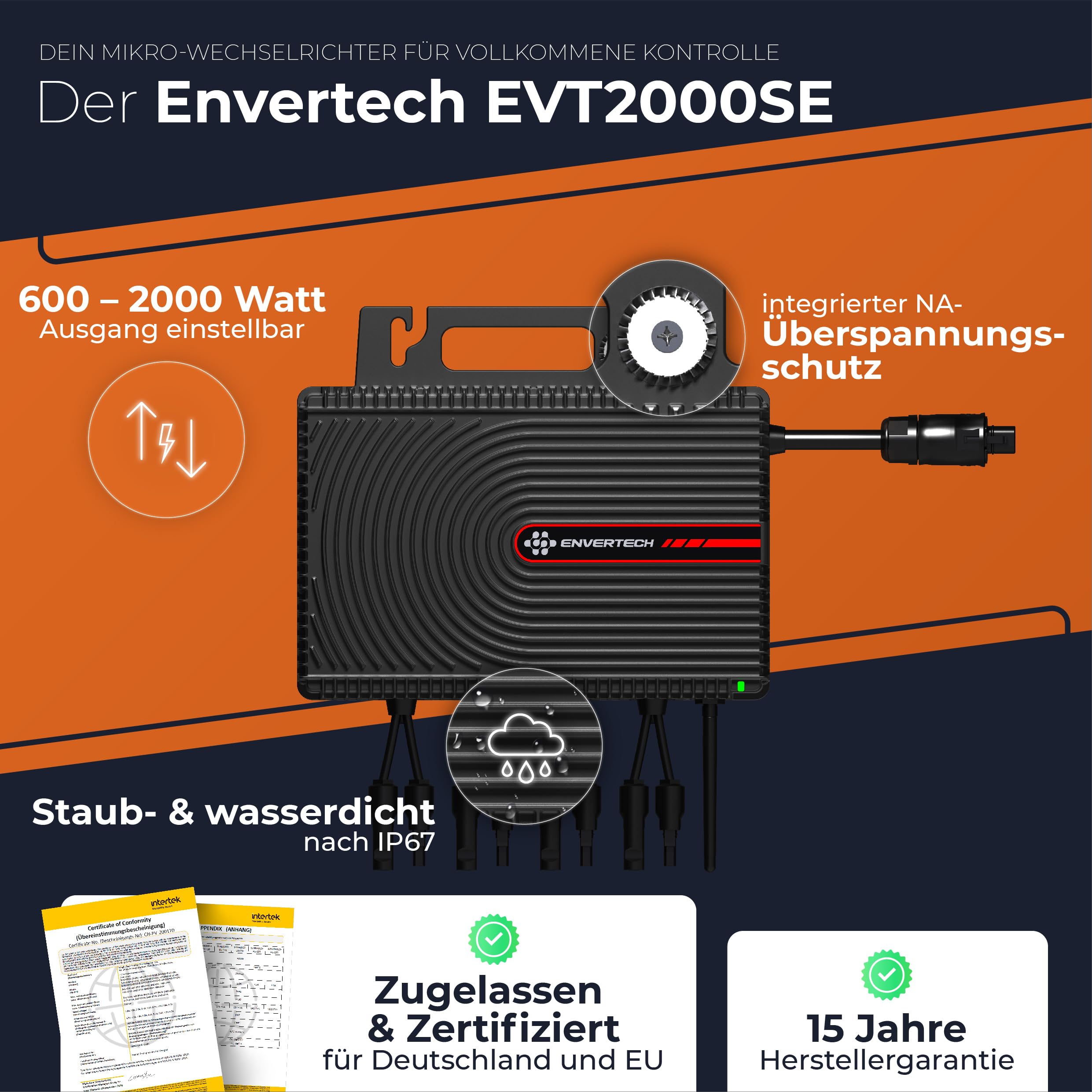 Mikro-Wechselrichter 2000W EVT-2000-SE für 4 PV-Module, mit App- und WLAN-Steuerung sowie 5m AC-Kabel und 8x2m DC-Kabel
