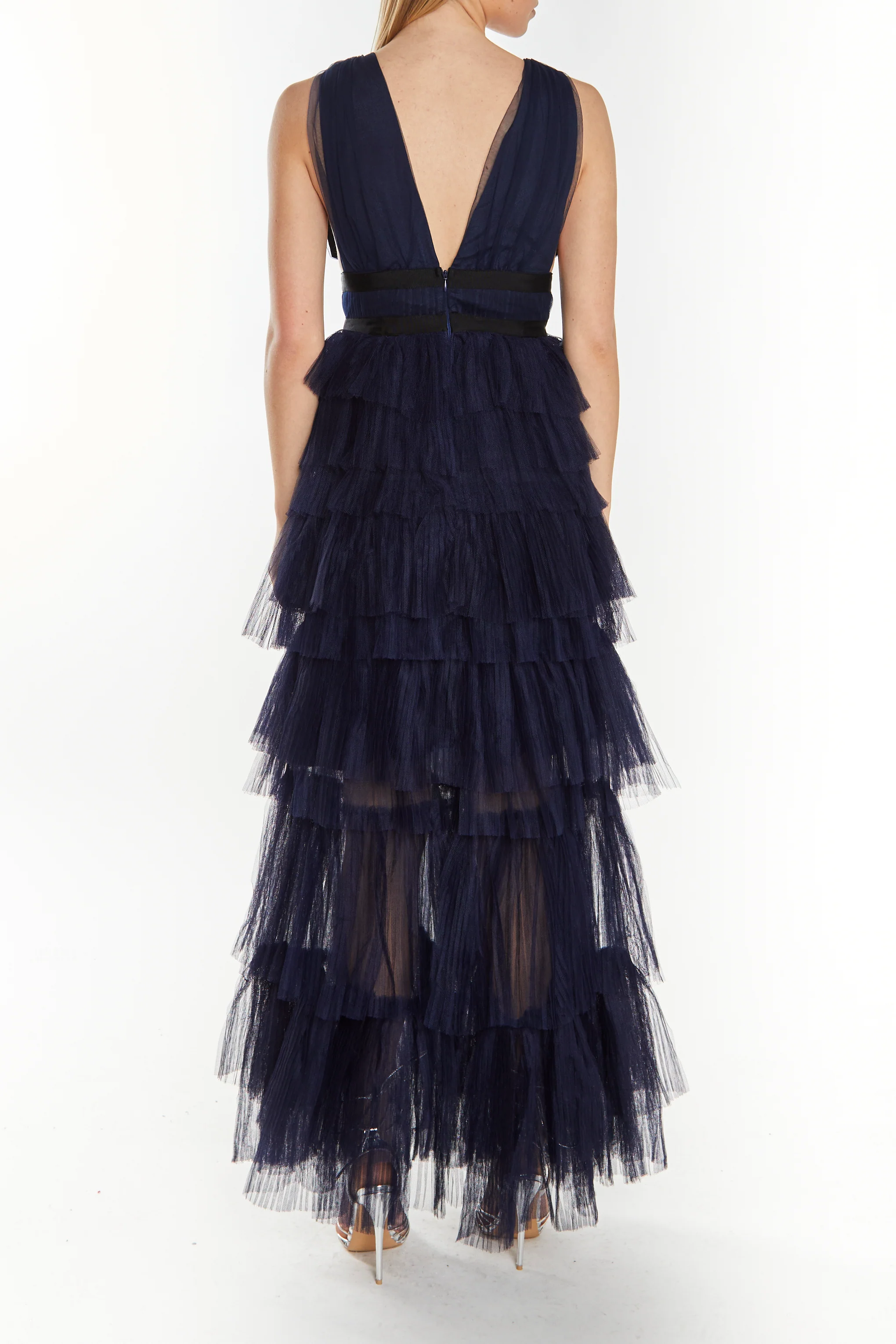 Eliza Navy Plunging Neck Layered Tulle Skirt Maxi-Dress