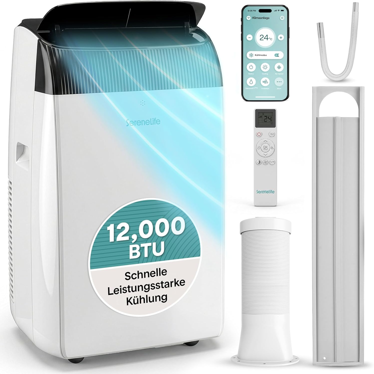 SereneLife Mobile Klimaanlage 12000 BTU, WLAN, 3 in 1 Kühlen Entfeuchten und Ventilieren, Klimagerät mit Abluftschlauch Fensterkit, 3.52kW- Für Räume bis 40 m², Leiser Betrieb, Rollen und Timer