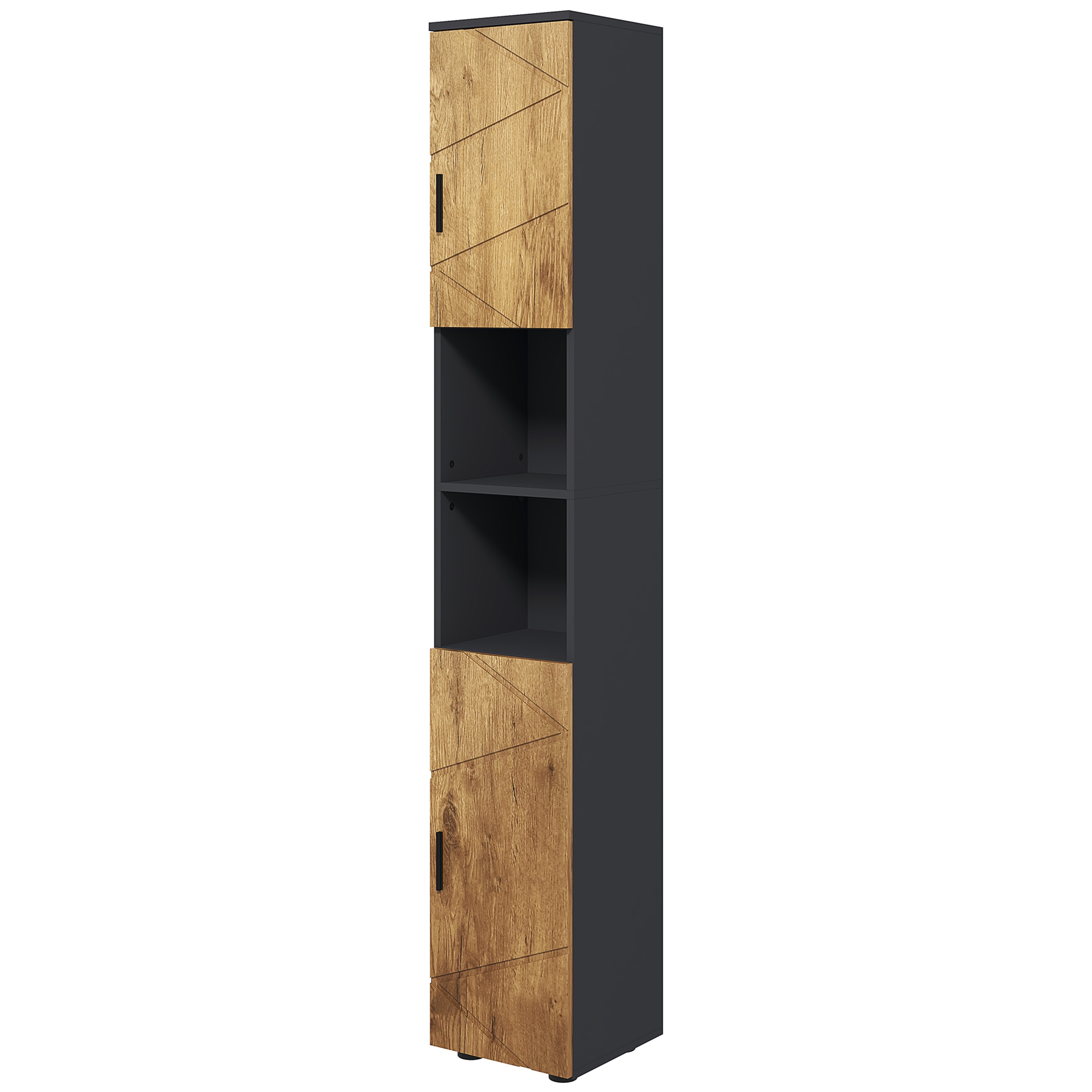 kleankin Stand Badezimmerschrank Aufbewahrungsschrank 2 Türen verstellbares Regal 2 Nischen 30 x 30 x 183 cm Eiche Dunkelgrau