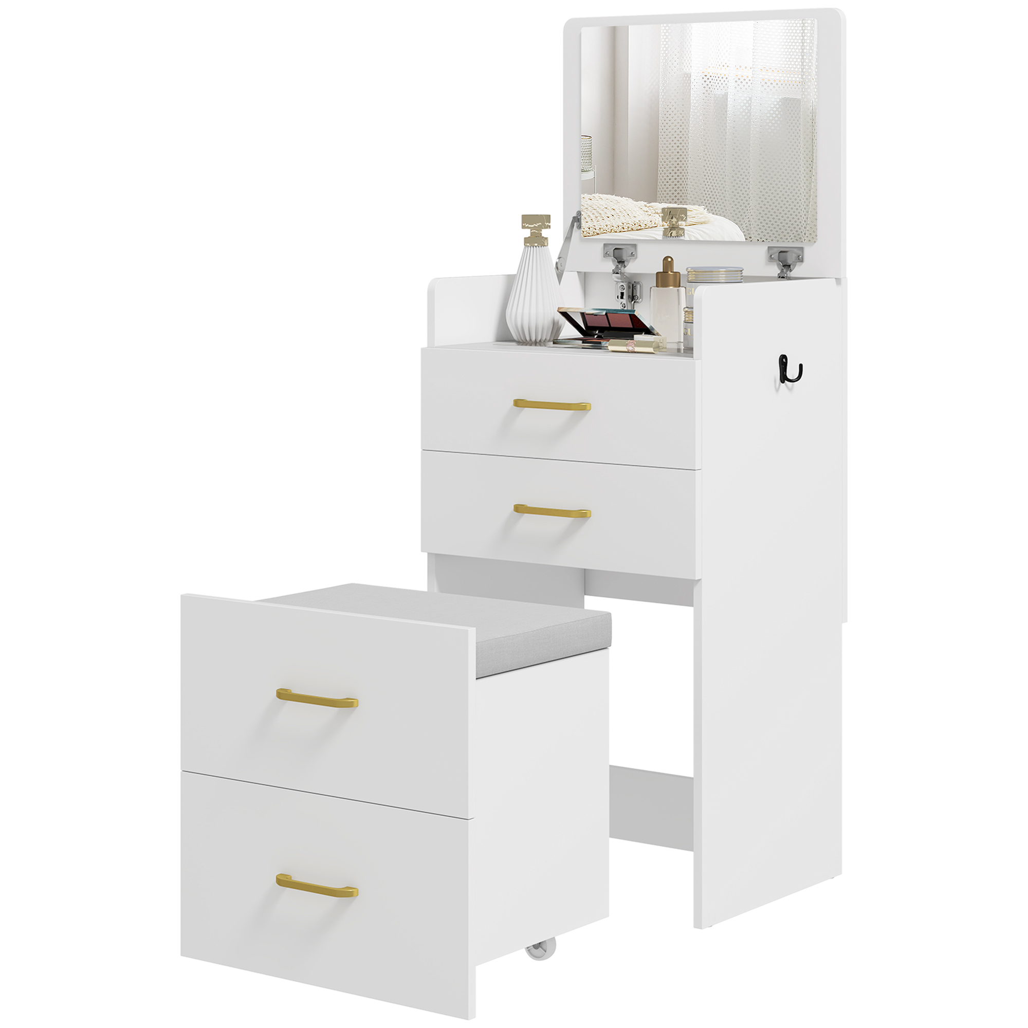 HOMCOM 3-in-1-Schminktisch mit Spiegel, Nachttisch, Rollhocker, Schubladen, Weiß