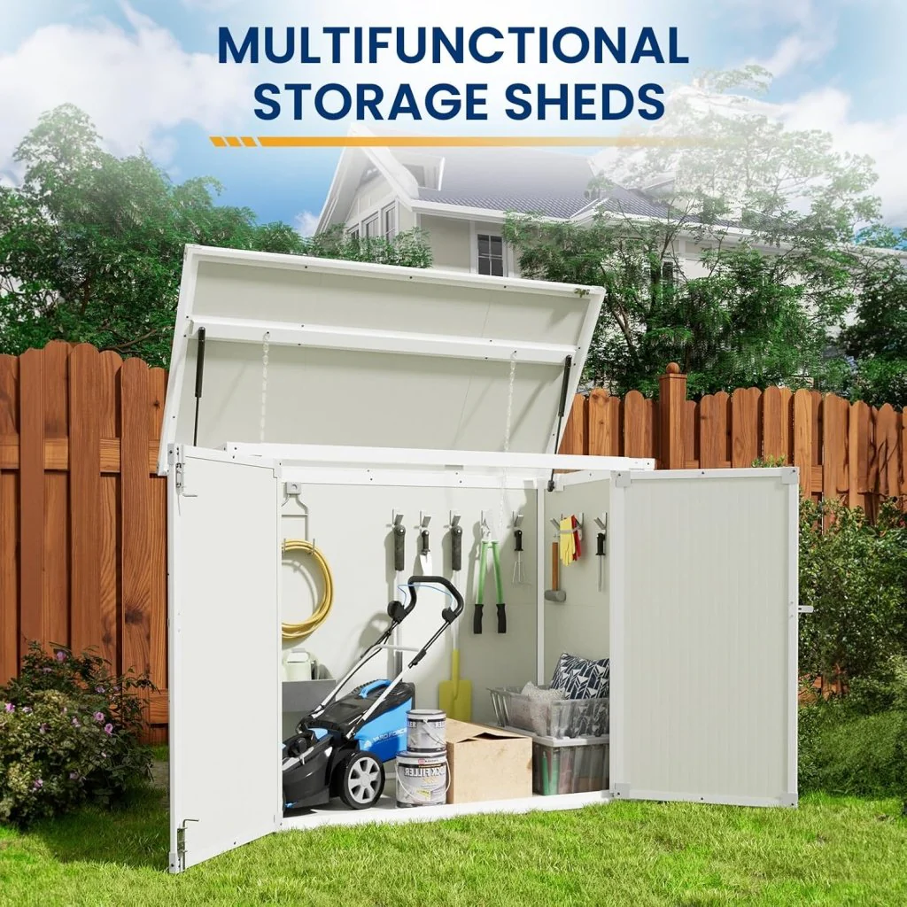 Amopatio 41 Cu Ft Horizontal Outdoor Storage Shed, Resin Trash Can Storage,Resin Shed for Garden Tools, Lawn Mowers, Garbage Cans, Patio Use
