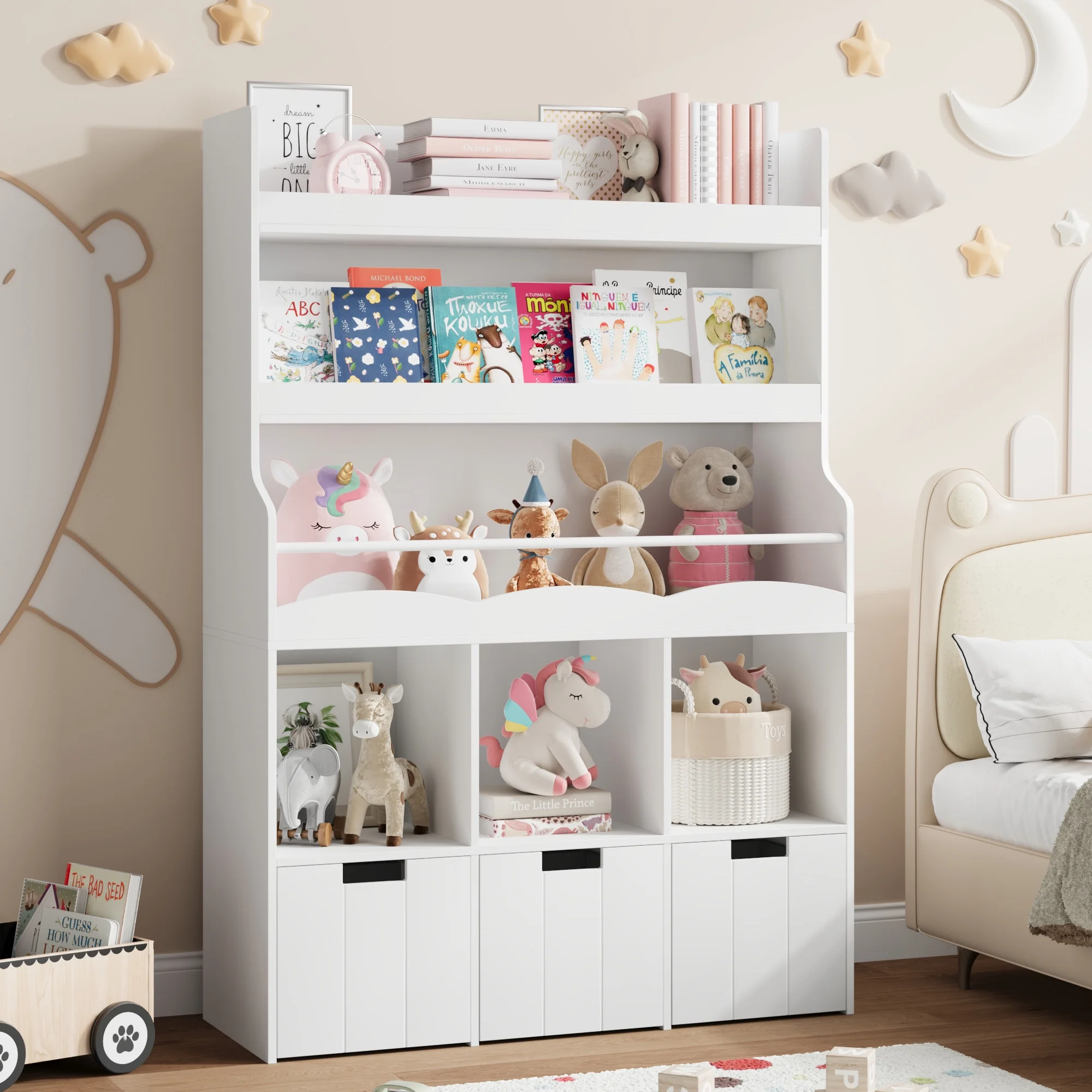 Homfa 55.5�� H Kids Bookshelf with 2-Tier Book Shelves, Children Toy Organizer with 3 Cubes and Removable Drawers, White