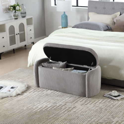 Moderner eleganter Aufbewahrungshocker, hocker aus gestreiftem Samt, angenehmes Sitzgefühl, geeignet für Wohnzimmer, Eingangsbereich, Hellgrau