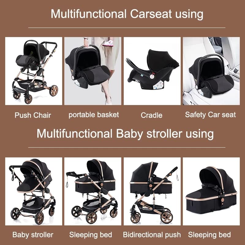 YAZOCO kinderwagen 3 in 1 Buggy Babybett Komplett Set Einem Klick Zusammenklappbarer Kinderwagen, KombiKinderwagen Aluminiumrahmen für Neugeborene Sitzzubehör (1 schwarz)