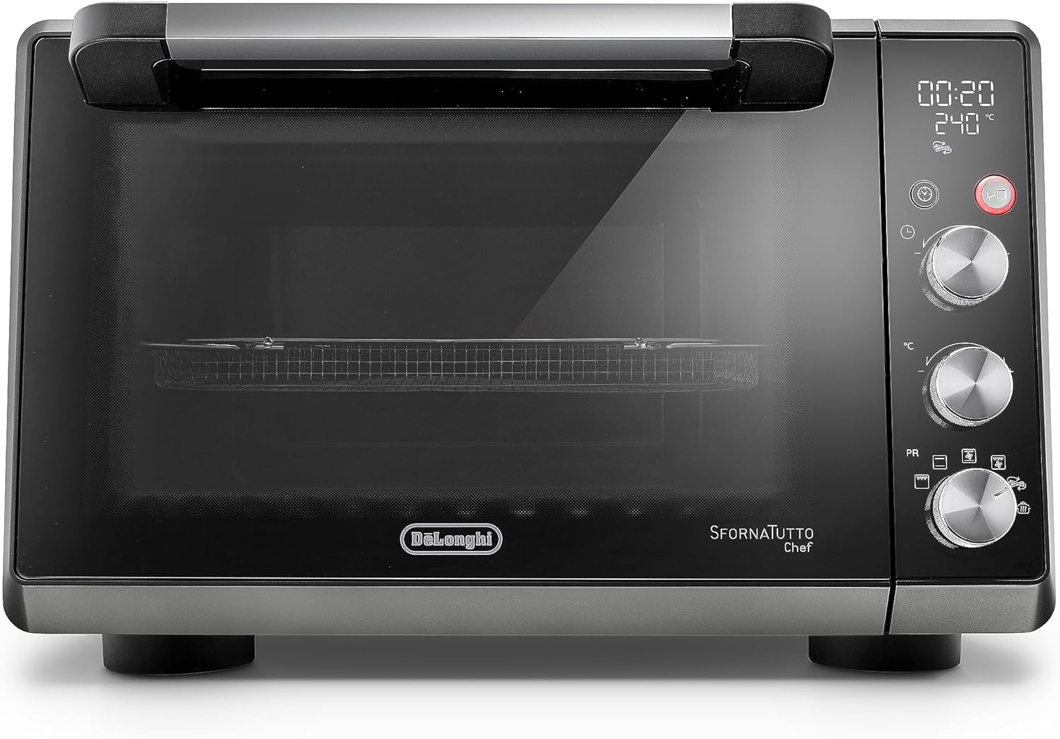 De'Longhi Sfornatutto Chef DO34326, Forno Elettrico Ventilato, 6 Funzioni Cottura, Funzione Friggitrice ad Aria, Display LCD, Timer 120', Leccarda, Griglia e Cestino Inclusi, Capacità 34L, 2000W, Nero