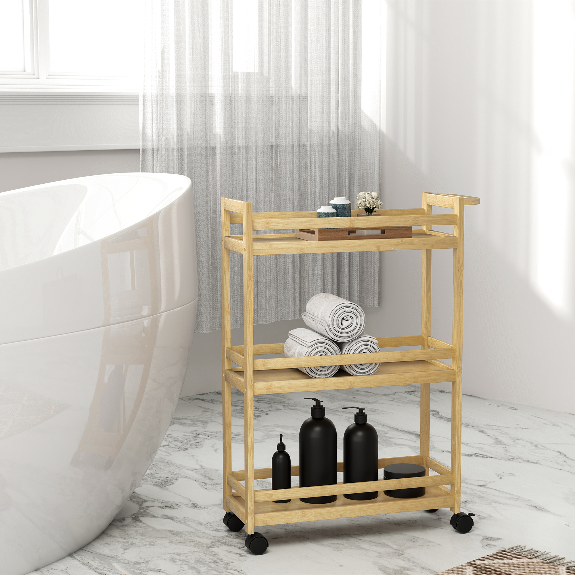 HOMCOM Rollwagen für Badezimmer & Küche, 3 Ebenen, 100% Bambus, wasserfest