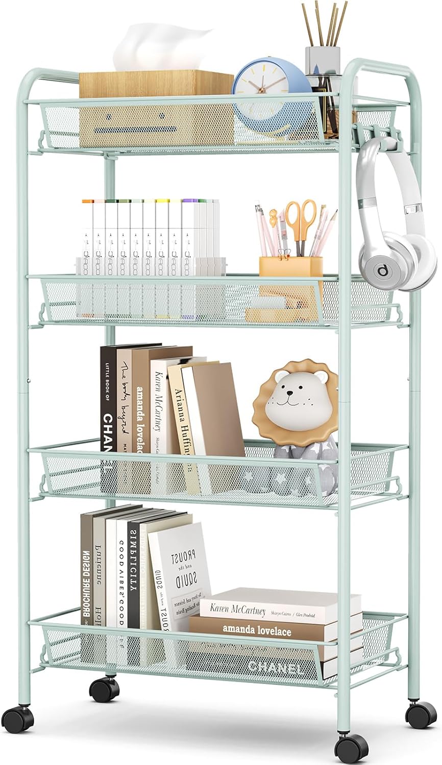 Urackify Carrello a 4 livelli con ruote, facile da montare, piccolo carrello portaoggetti per cucina, bagno, lavanderia, verde