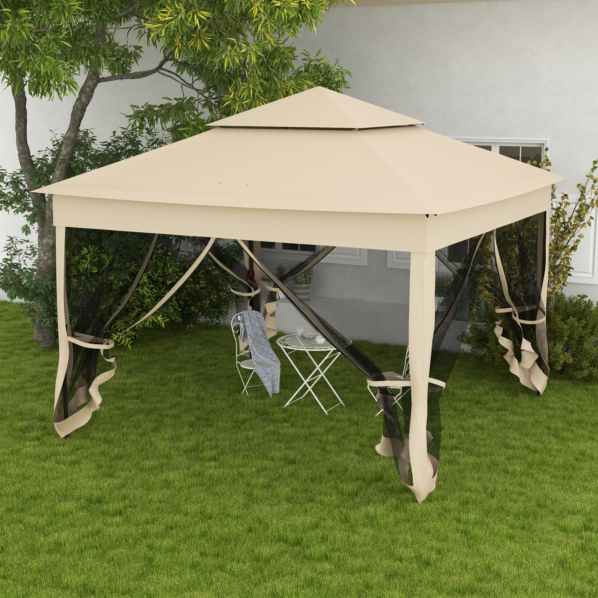 Outsunny Faltbarer Gartenpavillon Pop-up 3 x 3 m aus Metall Polyester, wasserdicht, UV-beständig, Moskitonetze, Transporttasche Creme