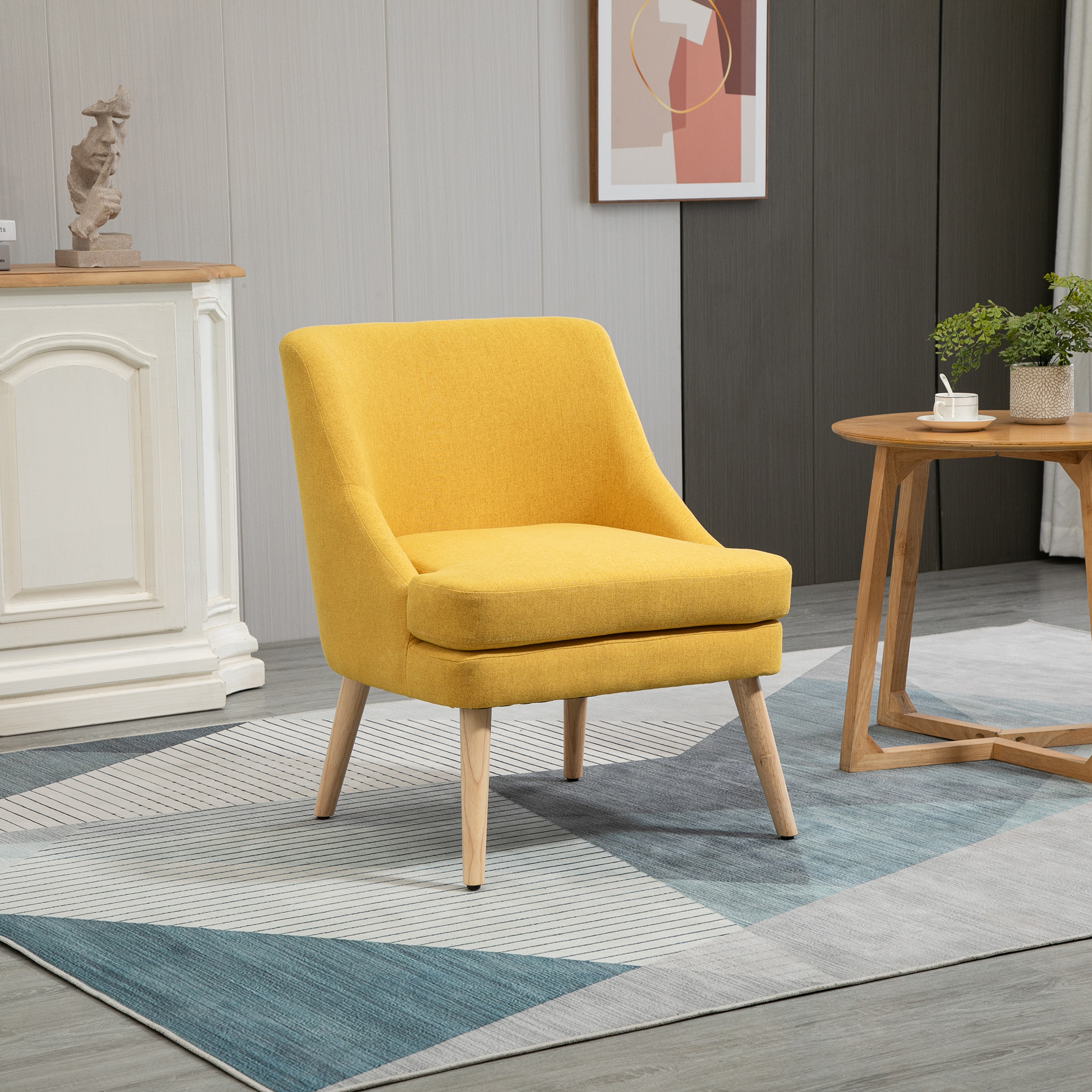 HOMCOM Sessel Loungesessel mit Leinenoptik, Armlehne, Gepolstert Relaxsessel mit Holzbeine, für Wohnzimmer, Schlafzimmer, Gelb
