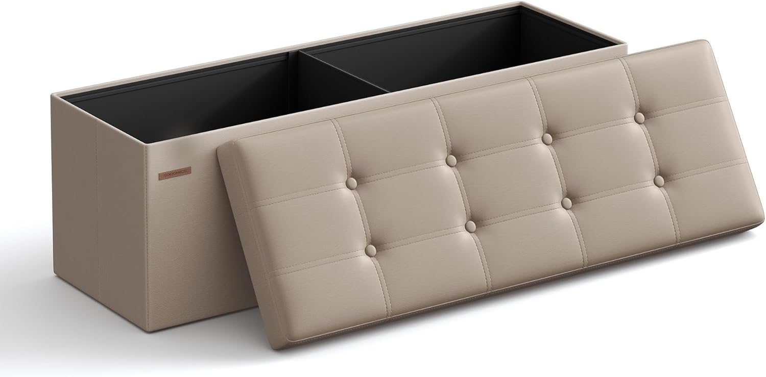 SONGMICS Cassapanca Contenitore 80L, Pouf Contenitore, Panca Poggiapiedi Pieghevole, Capacità di Carico di 300 kg, Rivestimento in Similpelle, Seduta Imbottita, Bianco LSF106