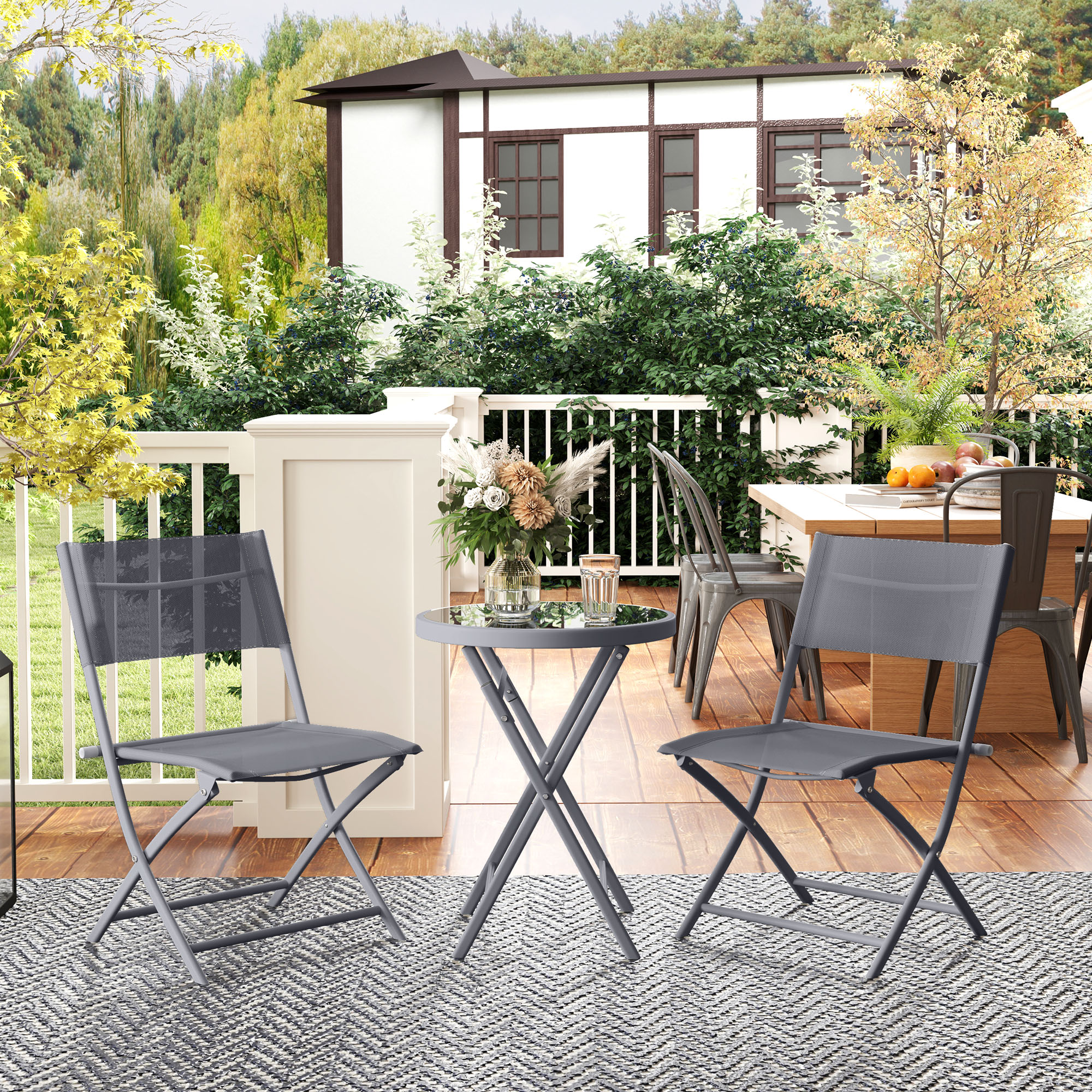 Outsunny 3-teiliges klappbares Bistro-Set aus Metall, 2 Stühle und 1 runder Tisch, Gartenmöbel-Set im Freien für 2 Personen, grau