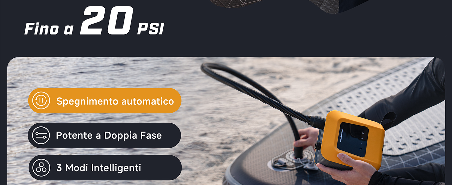 Dispositivo portatile con display digitale che gonfia il pneumatico. Il testo indica una capacità di 20 PSI. Le icone mostrano le funzioni di spegnimento automatico e alimentazione bifase.