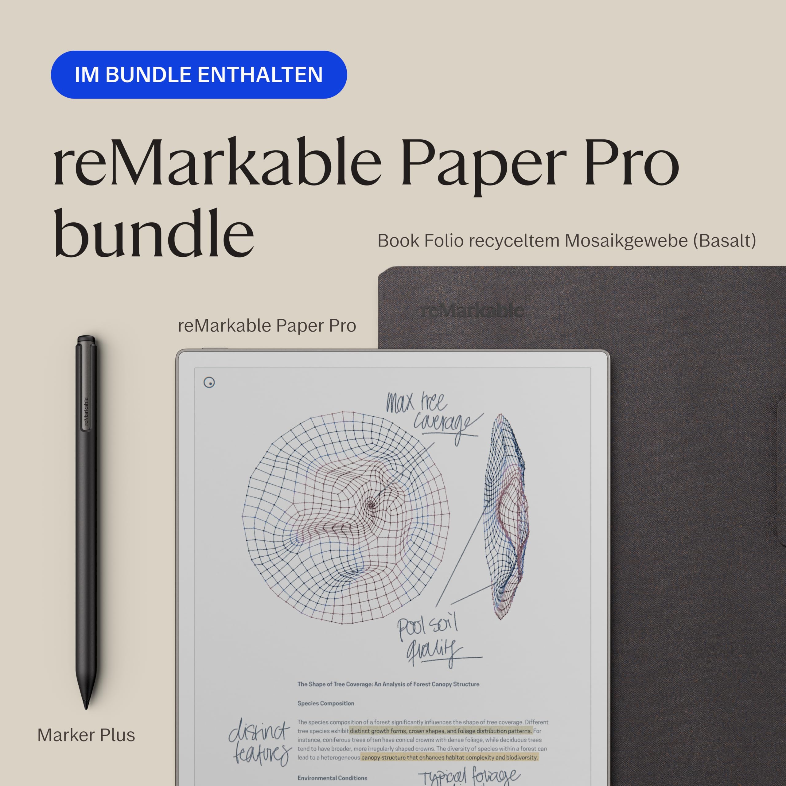 reMarkable Paper Pro 11,8 Zoll E Ink Tablet Bundle mit Marker Plus und Book Folio in Basalt