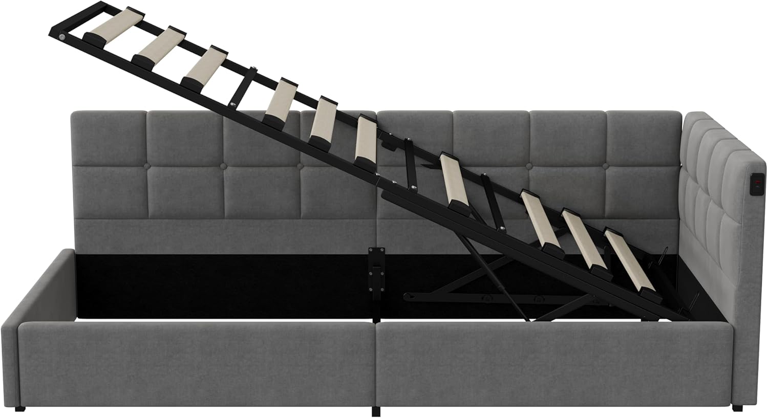 Einzelbett 90x200 mit Stauraum, Polsterbett mit LED/USB, Bettgestell mit Lattenrost und kopfteil, Bettrahmen für Jugendliche, Samt (Grau, 90 x 200 cm)