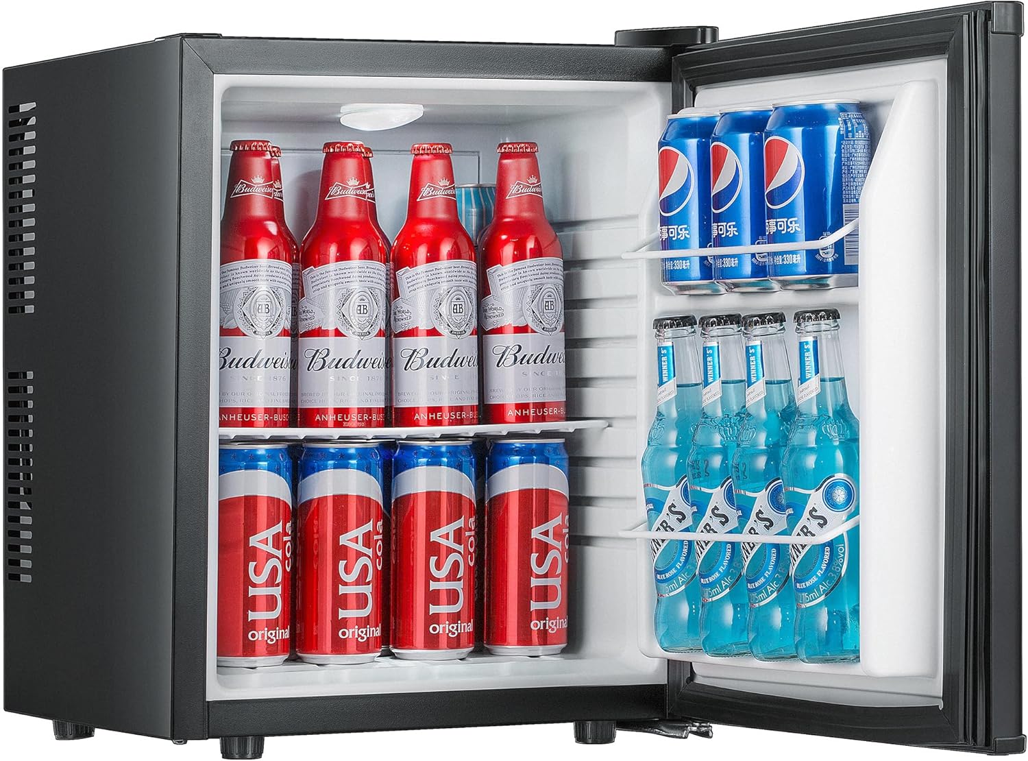 Sirge Mini Frigo Bar NERO SILENZIOSO senza compressore Frigorifero [430(L) x 410(P) x 510 (H) mm] - IDEALE PER HOTEL, Frigo da Camera (38 Litri)