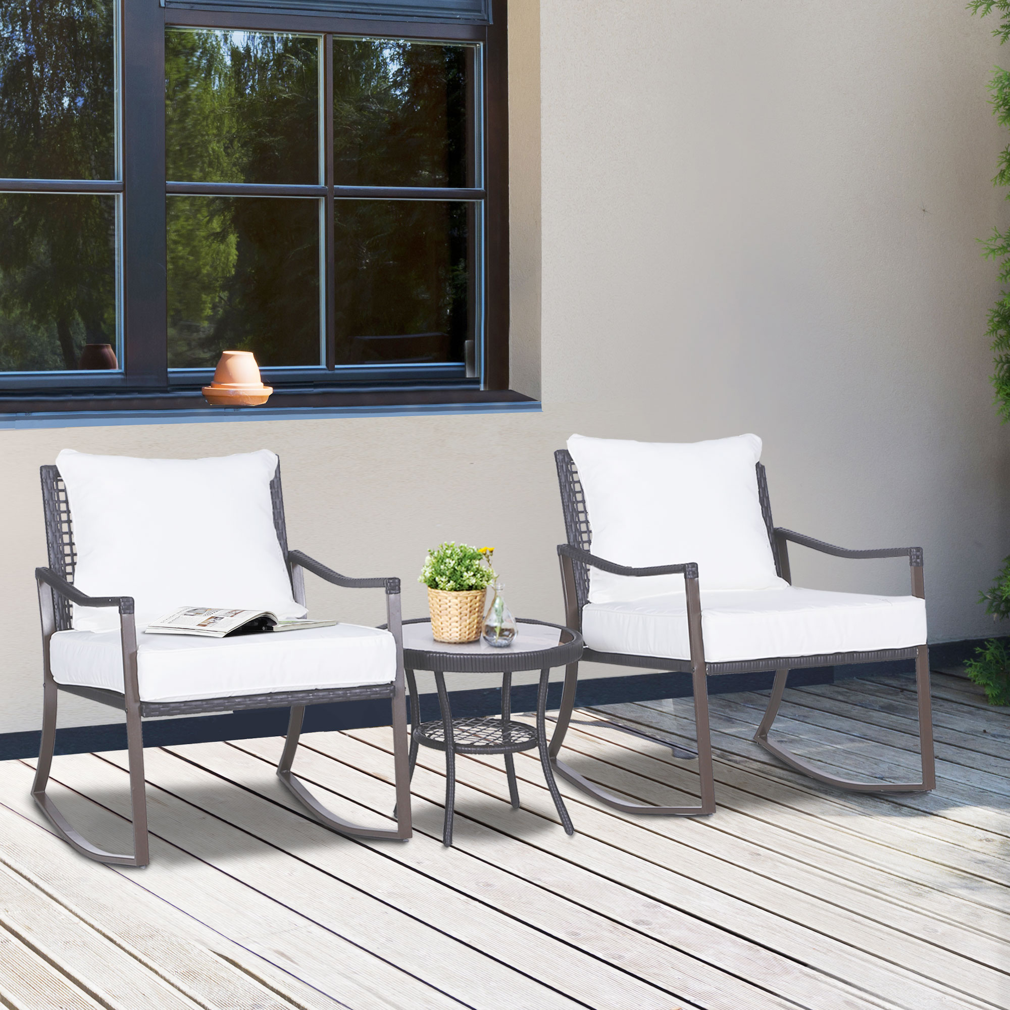 Outsunny Gartenmöbel-Set für 2 Personen, 2 Schaukelstühle, 1 Tisch, inkl. Polster, Braun + Weiß
