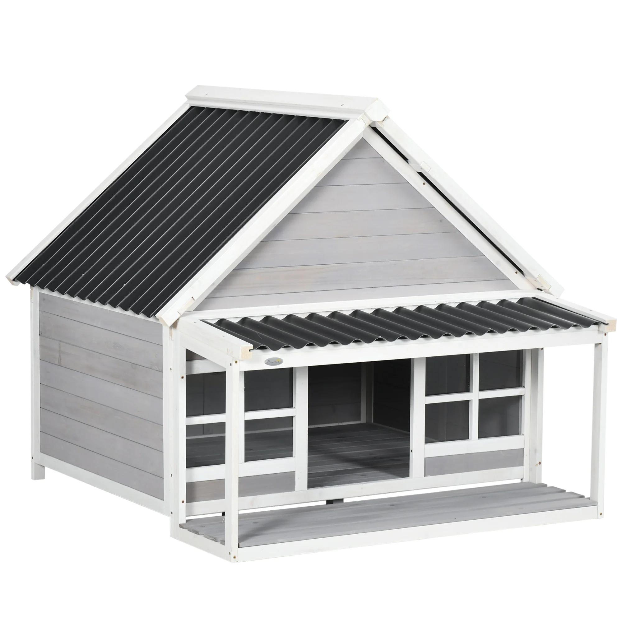 Easycomfort Cuccia per Cani da Esterno in Legno e PVC con Portico e Finestre, 126x118x105cm, Grigio