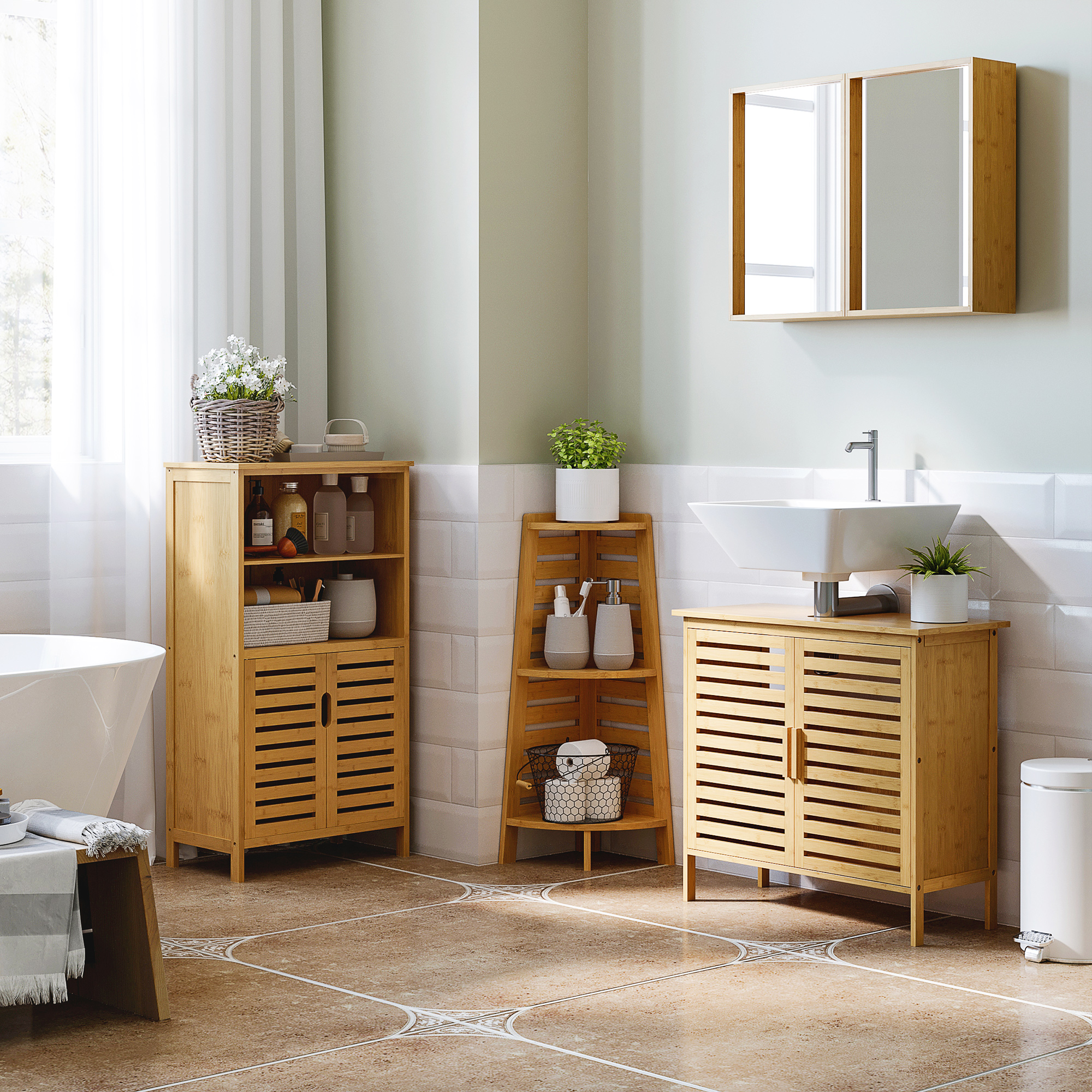 kleankin Bambus Waschbeckenunterschrank Badezimmer Unterschrank 2 Türen 66 x 29 x 61,5 cm
