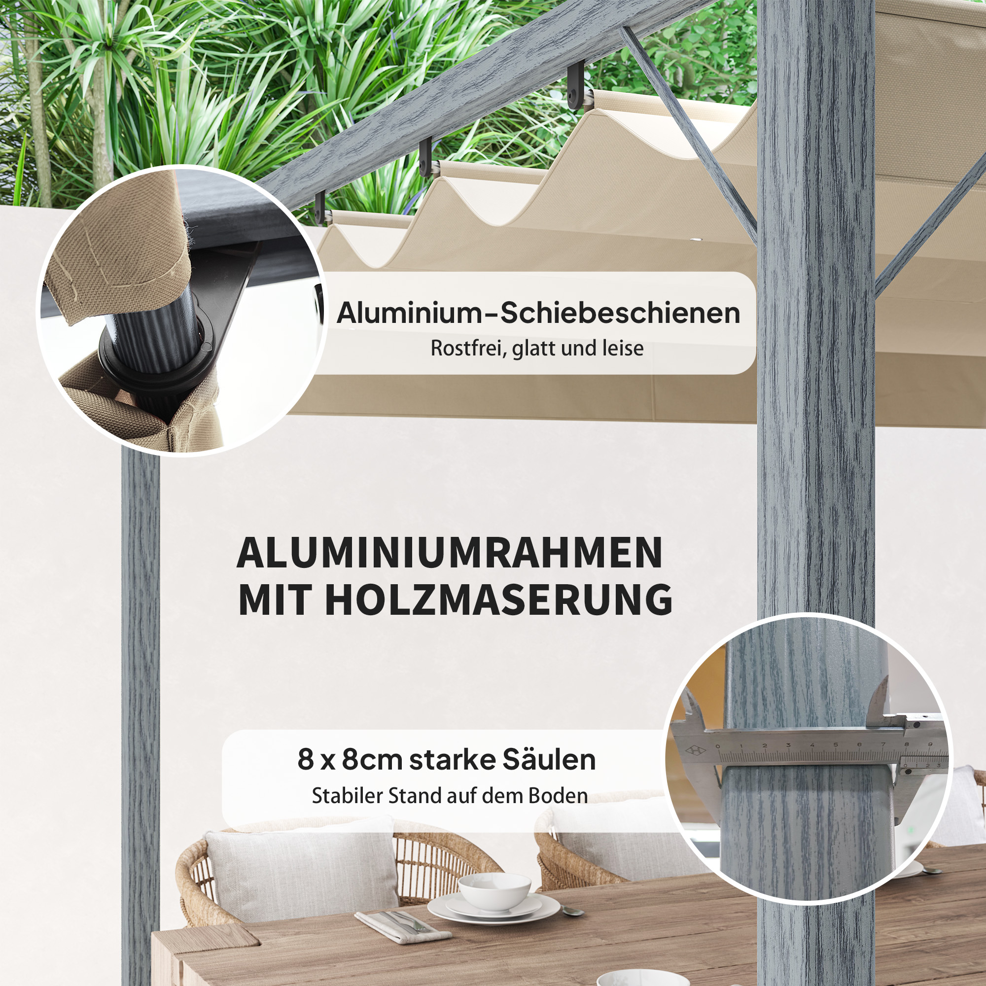 3 x 3 m Tuinpergola, Verstelbare Terrasoverkapping met Aluminium Frame, UPF30+ Zonbescherming, Grijs