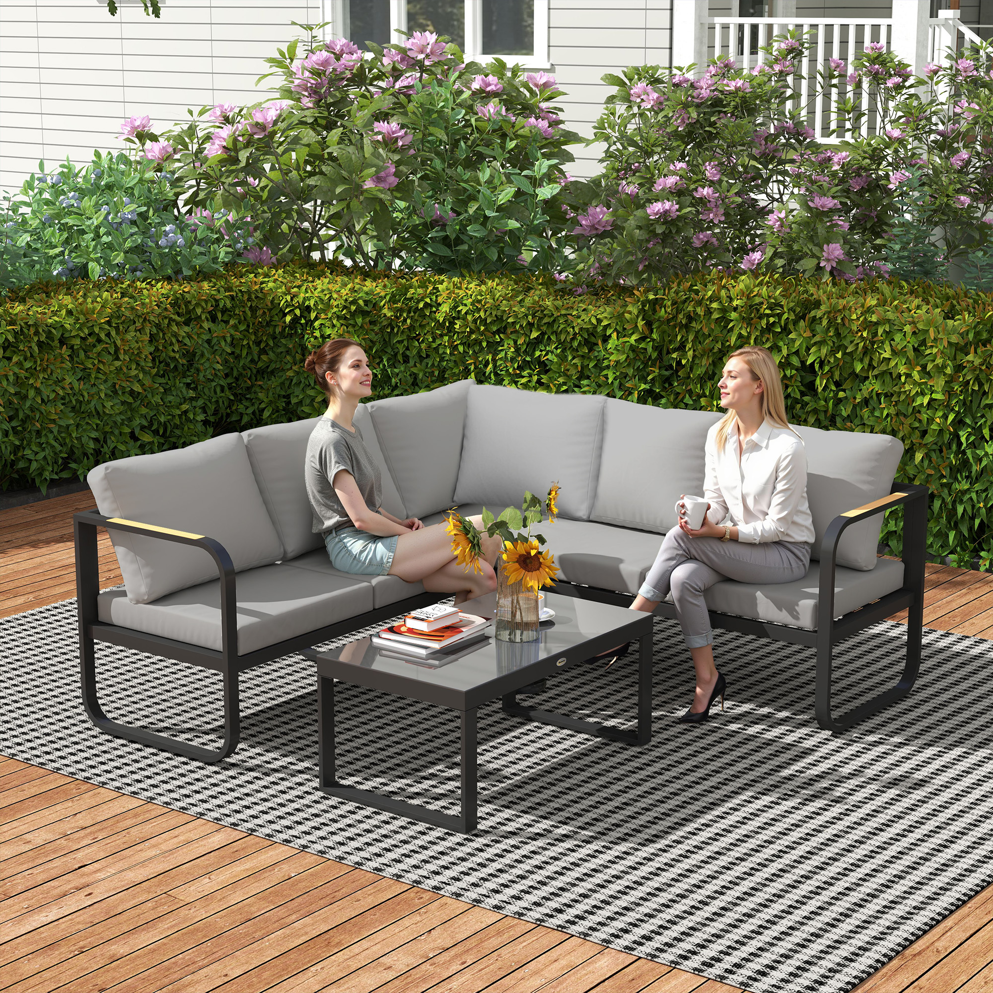 Outsunny Gartenmöbelset 3-teilig in L-Form mit Sofas und Glastisch, verstellbare Sitzpositionen, Grau