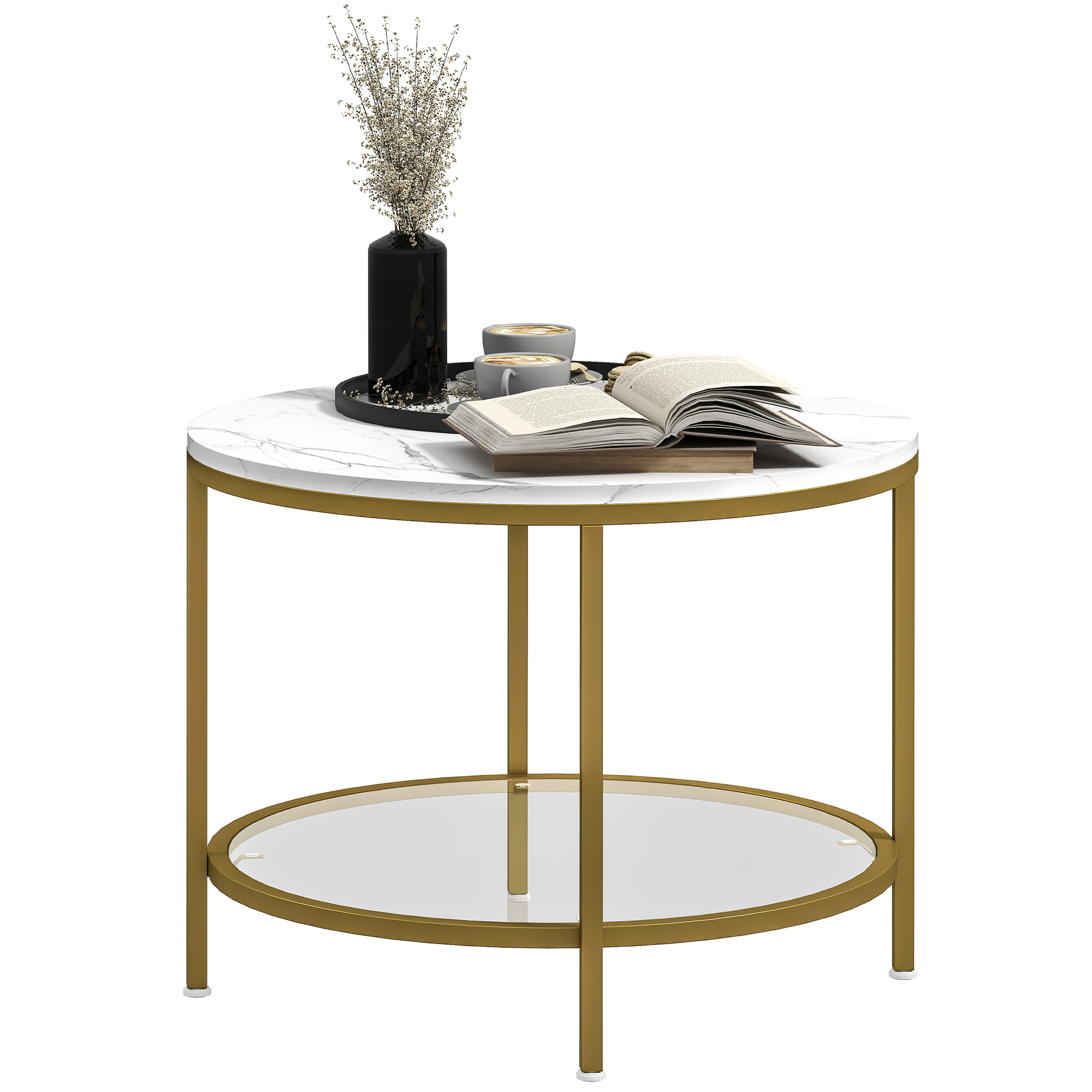 HOMCOM Modern Runder Couchtisch mit 2 Ebenen marmorierte Oberfläche und gehärtetes Glas, Ø 60 x 45 cm, Weiß und Gold