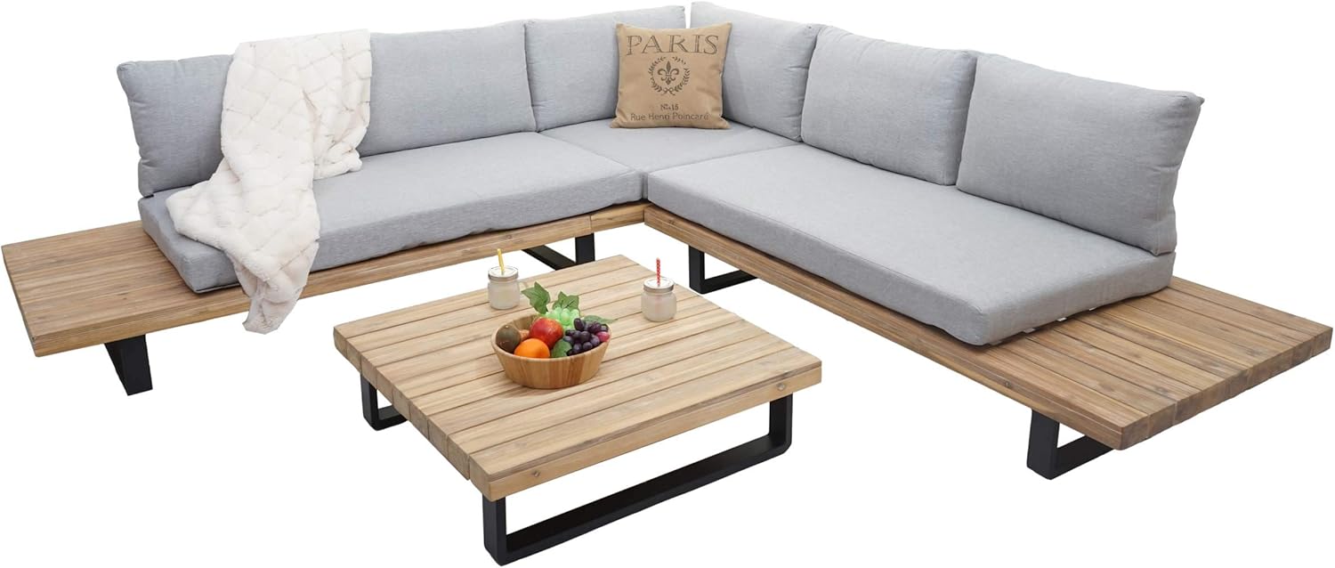 Mendler HWC-H54 Outdoor Garden Living Room Set Acacia Wood Aluminium Light Brown with Light Grey Cushions
