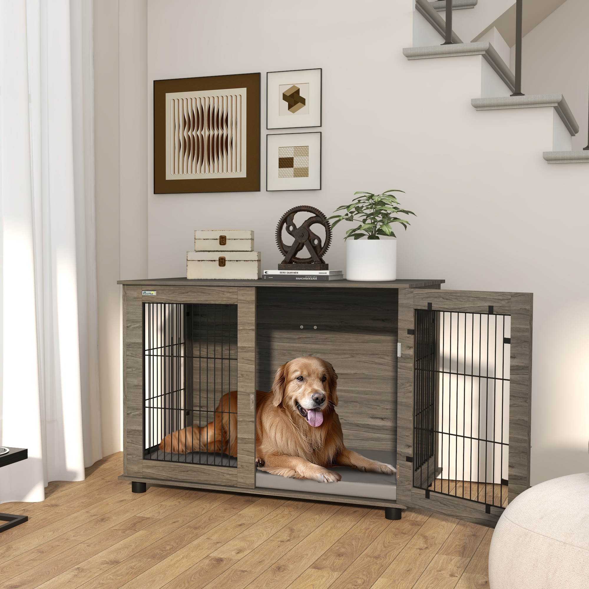 PawHut Hundekäfig 2-in-1 Beistelltisch mit abnehmbarem Plüschkissen, verriegelbarer Tür 100 x 60 x 73,5 cm in Grau