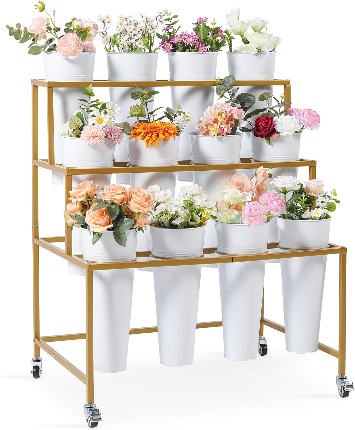 Flower Cart Display Stand  3 Layers Metal Flower Bar Stand with 360° Swivel Wheels and Brake  Flower Display stand with Iron Buckets  Durable than Plastic Buckets  Flower Holder for Florist or Wedding
