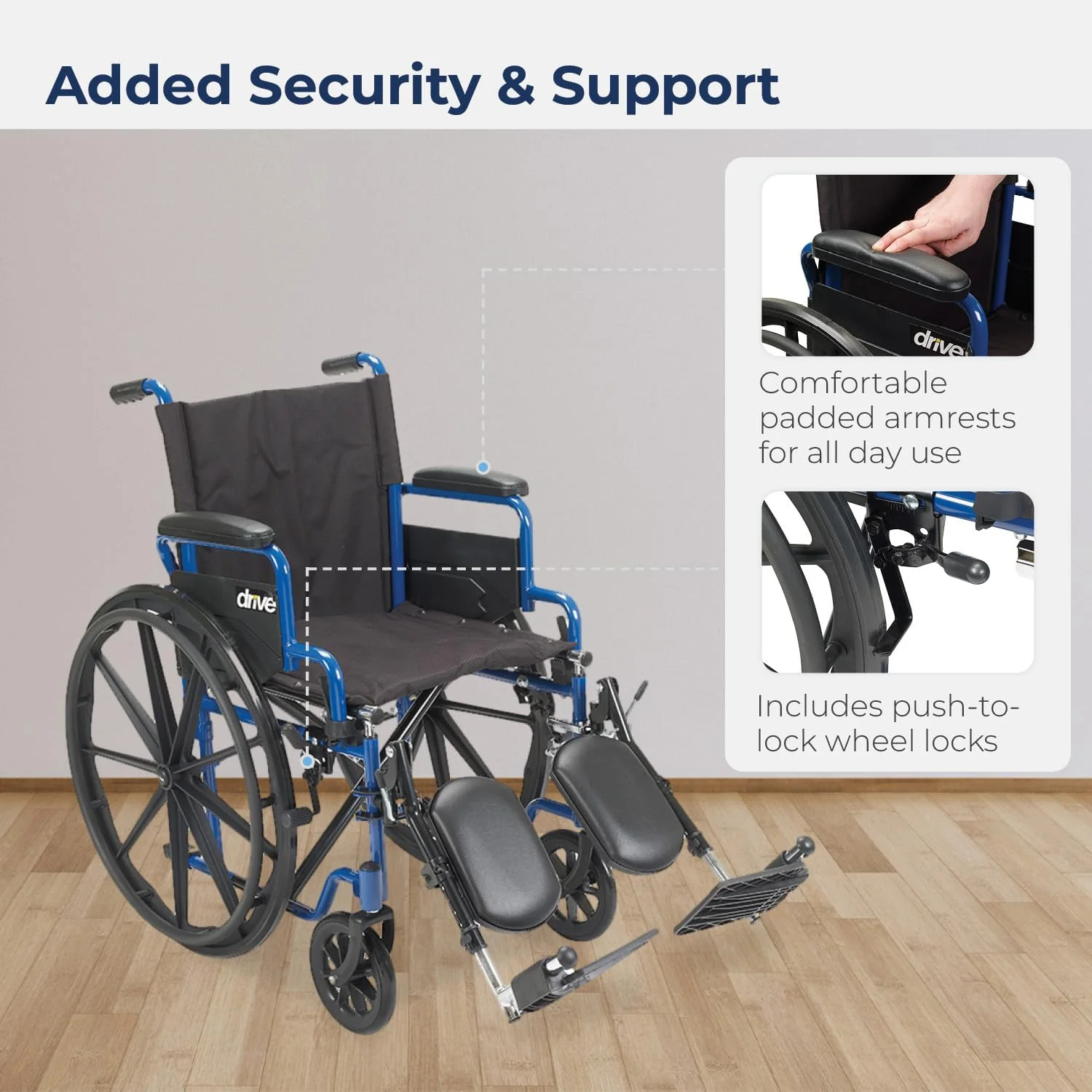 Single-wheel blue racing-style wheelchair, reversible armrests on the table edge, rotatable footrests, size 18 inches, quantity 1 unit.