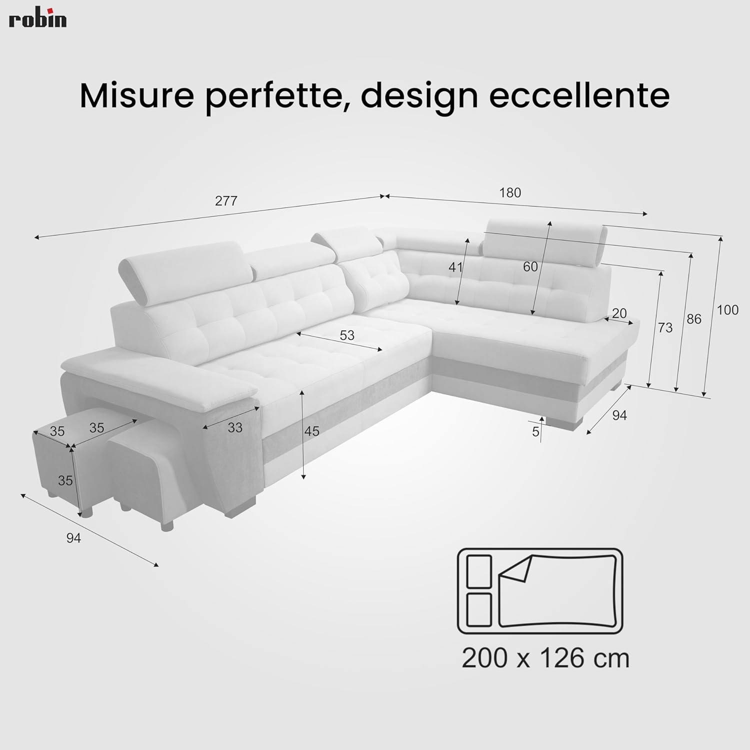 Robin Inspire Grand Divano angolare con funzione di letto cassetto per la biancheria due pouf poggiatesta regolabile angolo a destra grigio scuro 277 x 180 x 100