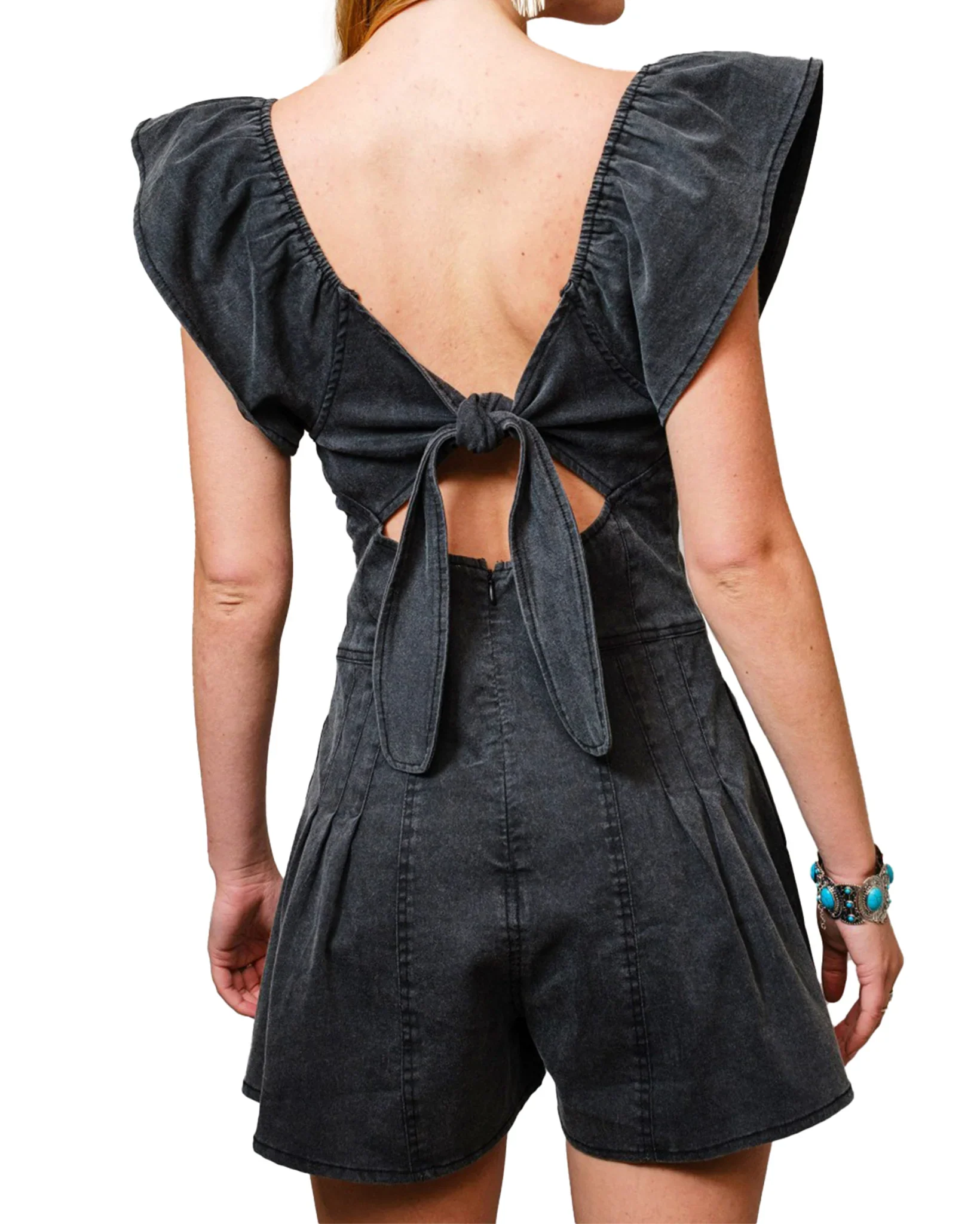 Sweetheart Ruffle Sleeve Denim Romper