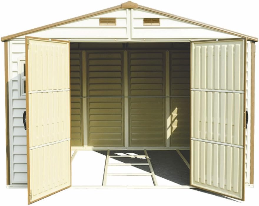 Duramax WoodSide 10 x 8 (7.64 m²) Kunststoff gerätehaus mit 3 festen Fenstern und Metallfundamentset, Gerätehaus, wartungsfreie und robuste und Dachstruktur aus Metall, Ivory/Brown