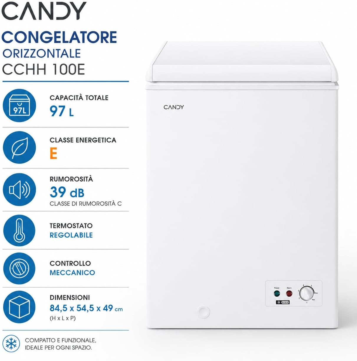 Candy Artico, CCHH 100E, Congelatore a pozzetto, Libera Installazione, 97 Litri, 39/C dB, Funzione Artico, Connesso, Bianco, AxLxP 84,5x54,5x49 cm [Classe di efficienza energetica E]