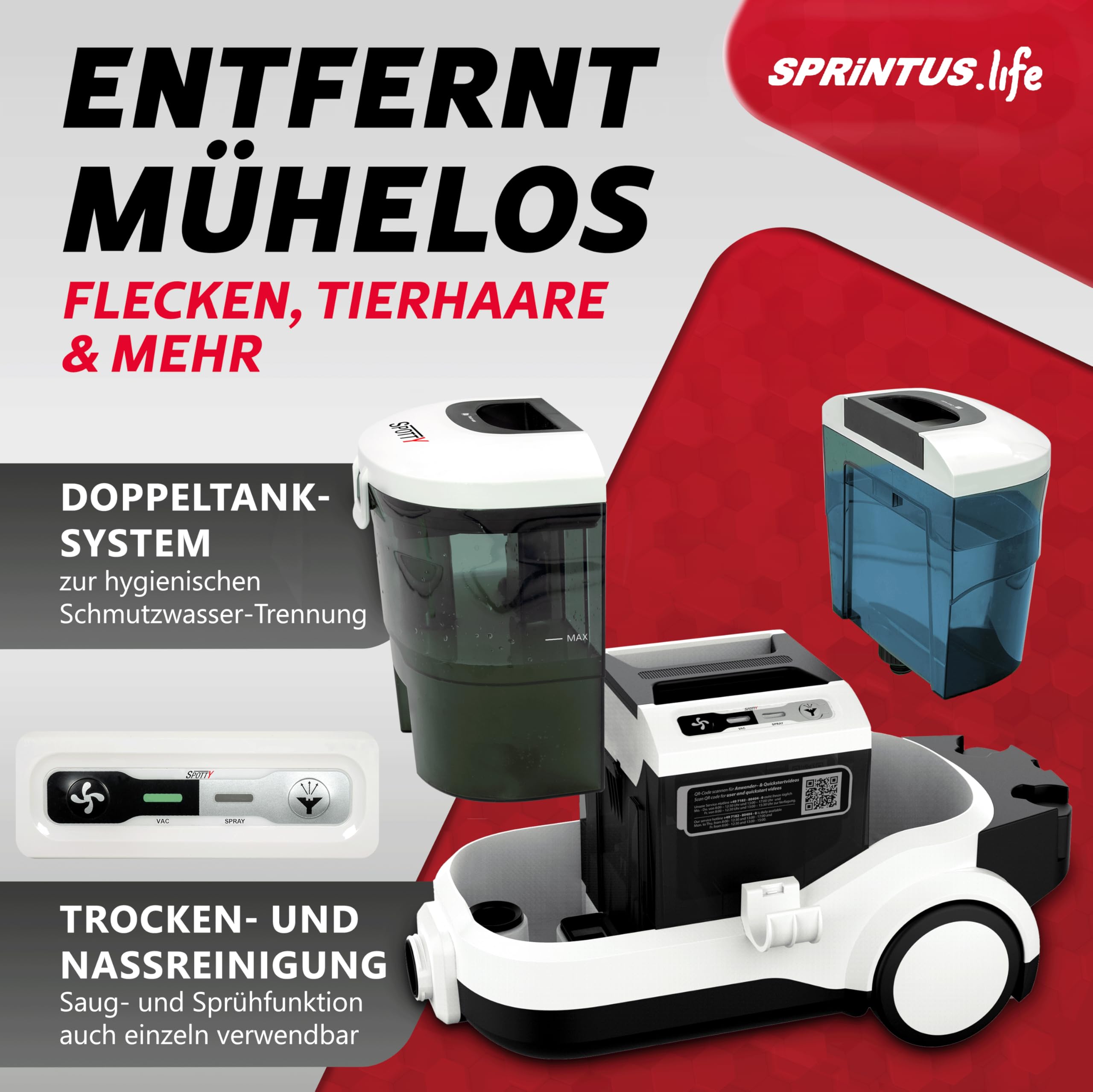 Nasssauger Polsterreiniger SPOTTY mit 3 bar Sprühdruck und 170 mbar Saugleistung für Teppich, Polster, Tierhaar, Auto und Hartboden